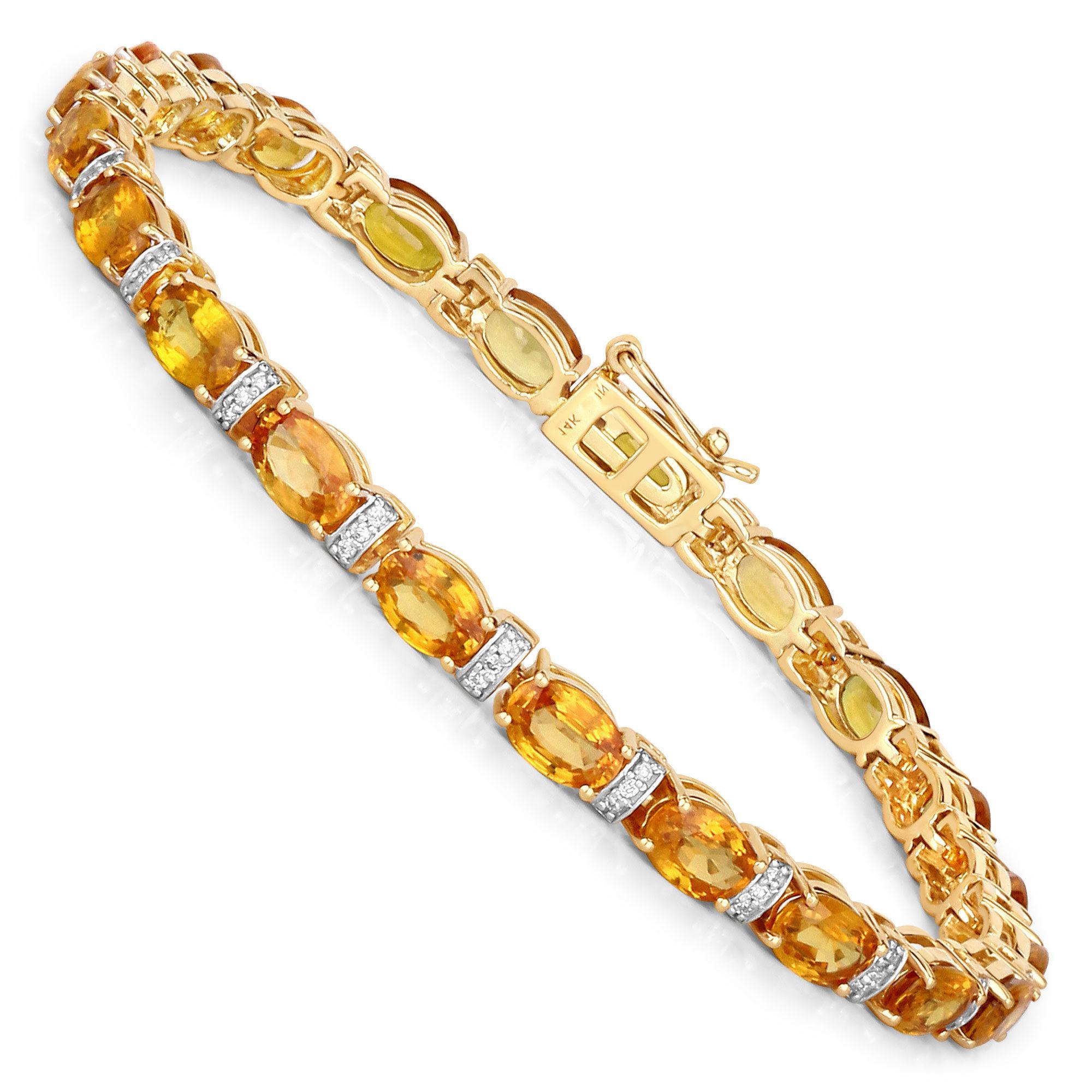 Orange Sapphire Tennis Bracelet Diamond Links 12.35 Carats 14K Yellow Gold For Sale 2