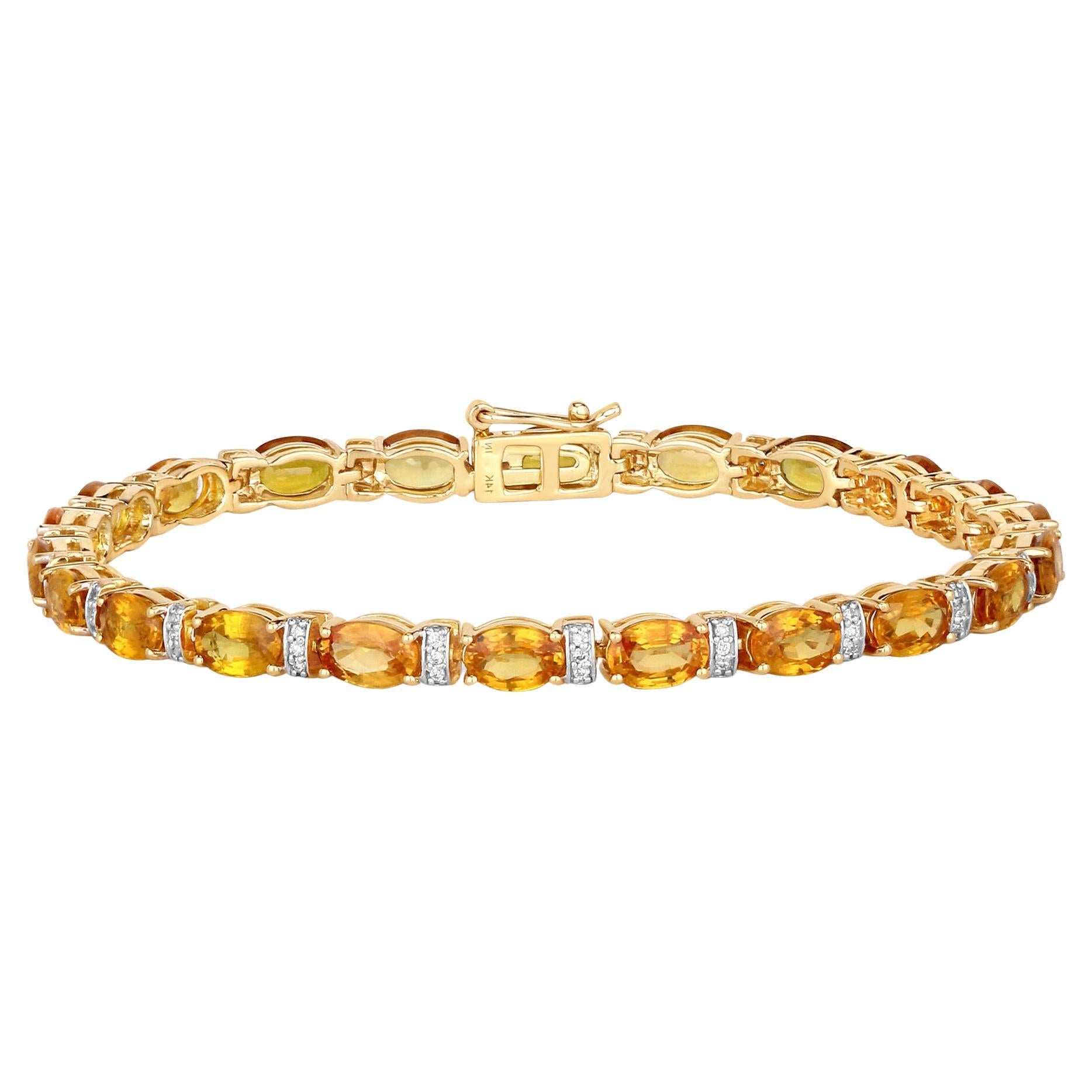 Orange Sapphire Tennis Bracelet Diamond Links 12.35 Carats 14K Yellow Gold For Sale