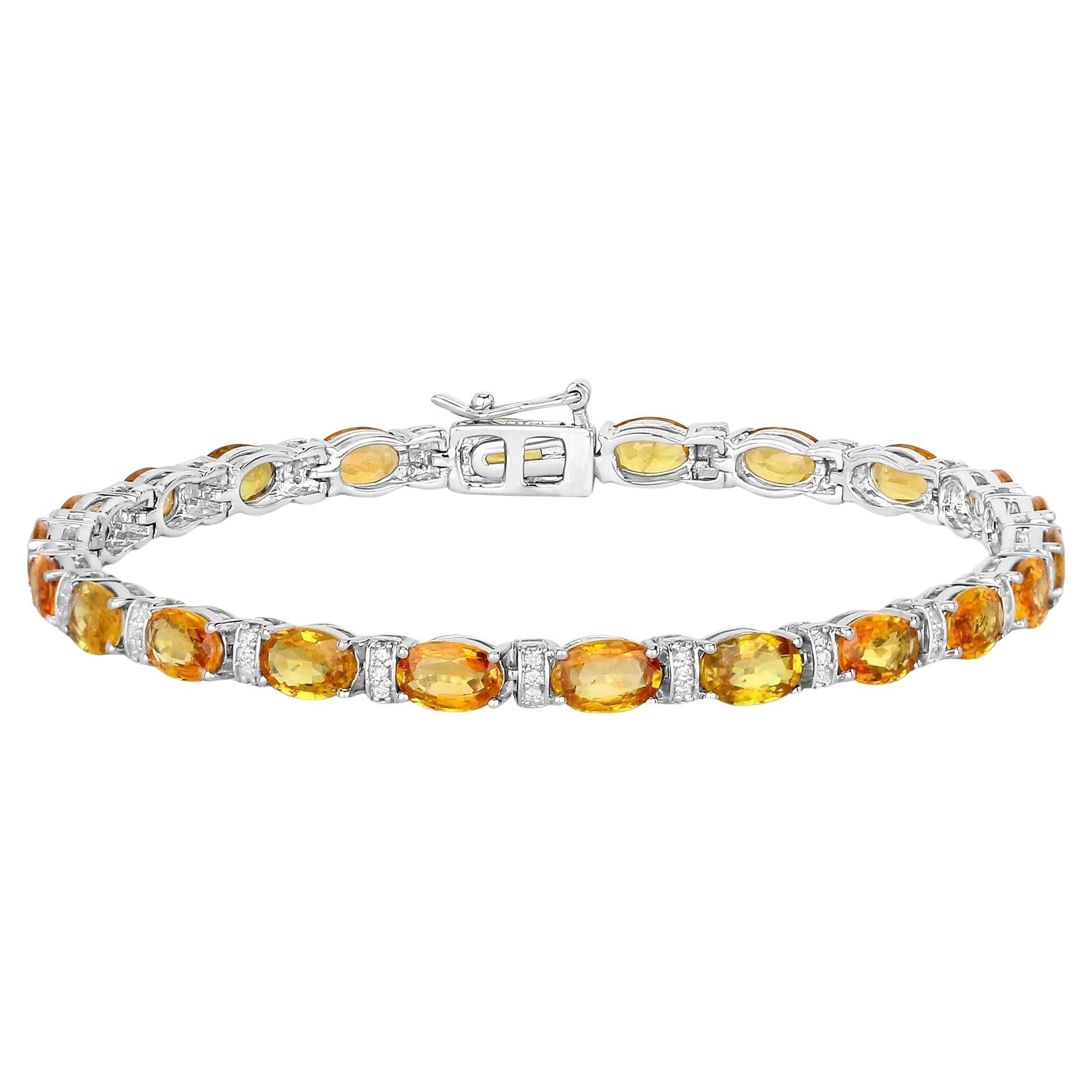 Orange Sapphire Tennis Bracelet Diamond Links 12.35 Carats 14K Yellow Gold For Sale