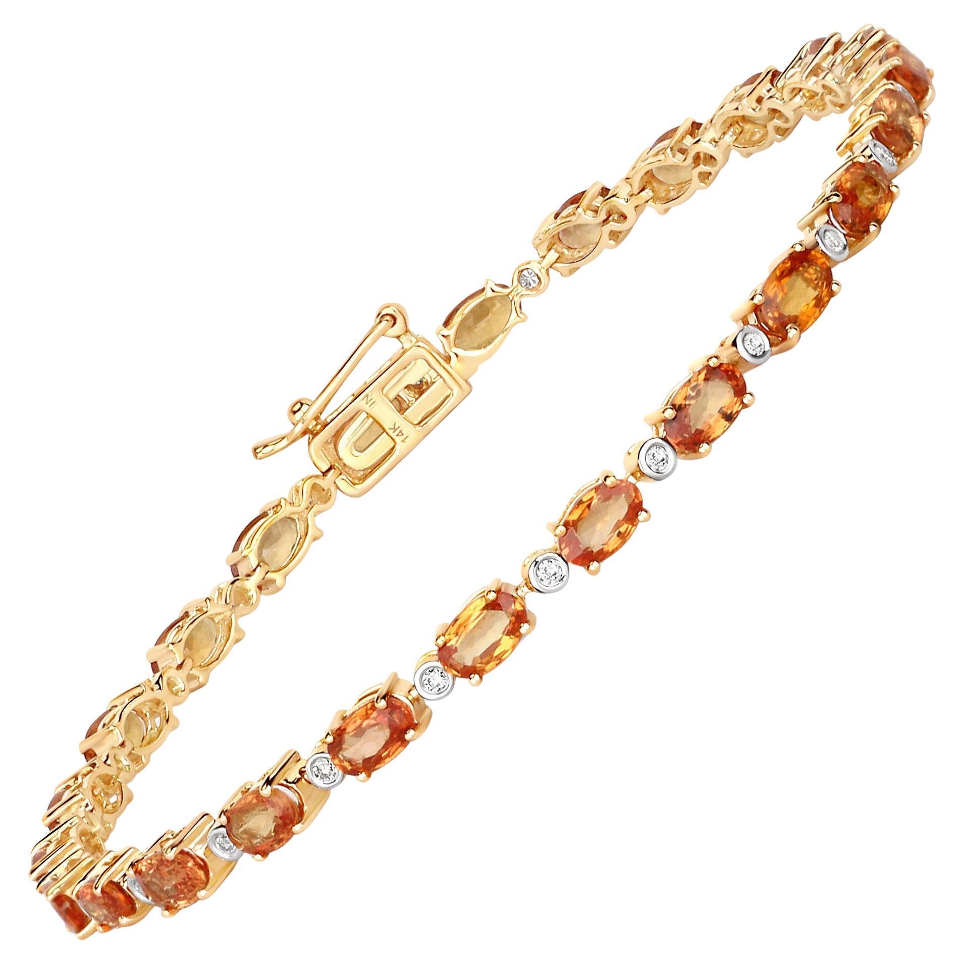 Contemporary Orange Sapphire Tennis Bracelet Diamond Links 7.4 Carats 14K Yellow Gold For Sale