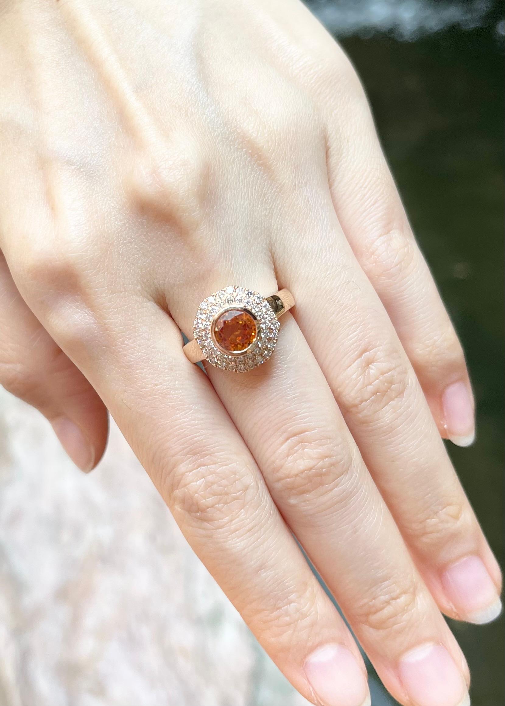 Round Cut Orange Sapphire with Brown Diamond Ring set in 18K Rose Gold Settings For Sale