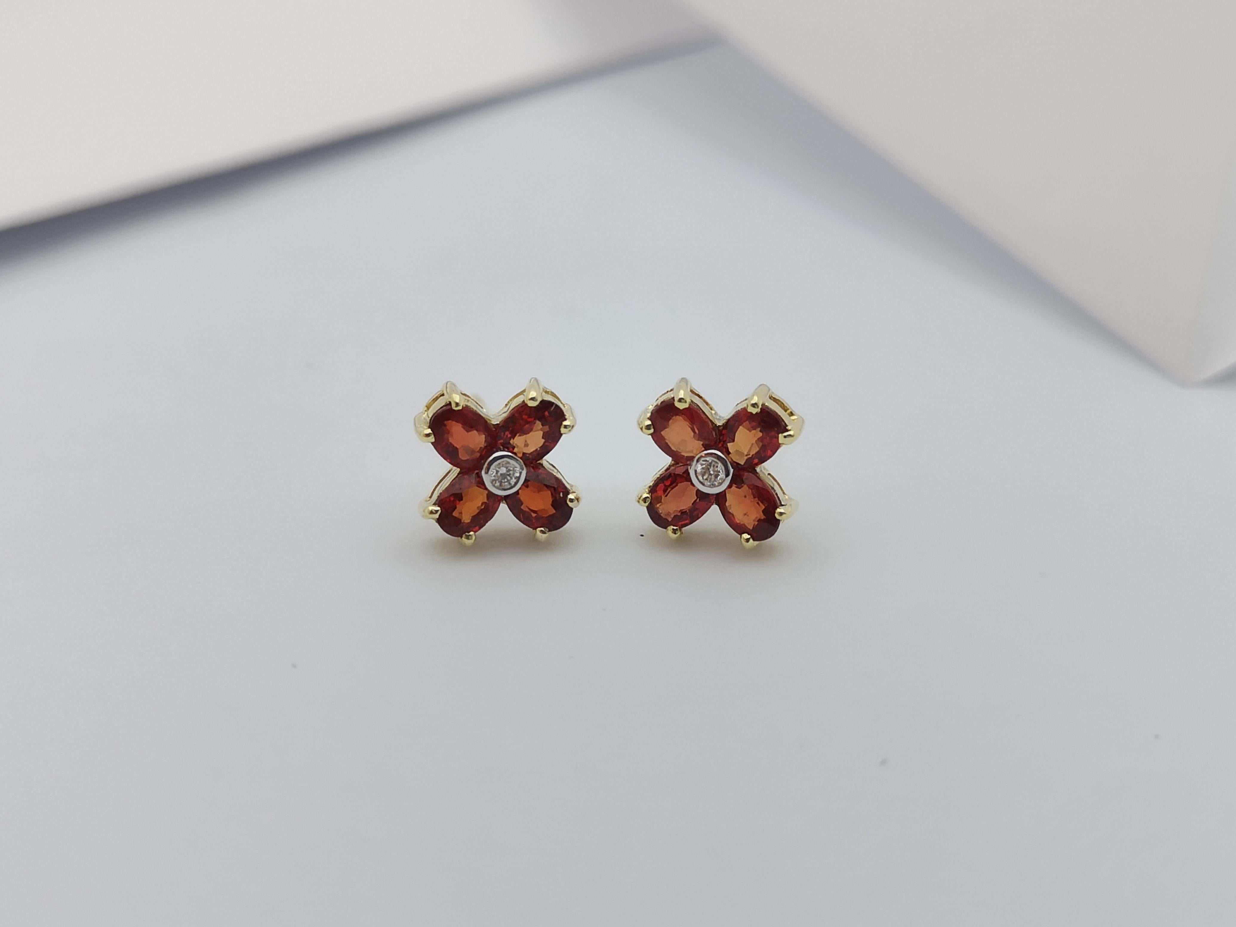 Orange Sapphire with Diamond Earrings set in 14 Karat Gold Settings For Sale 5