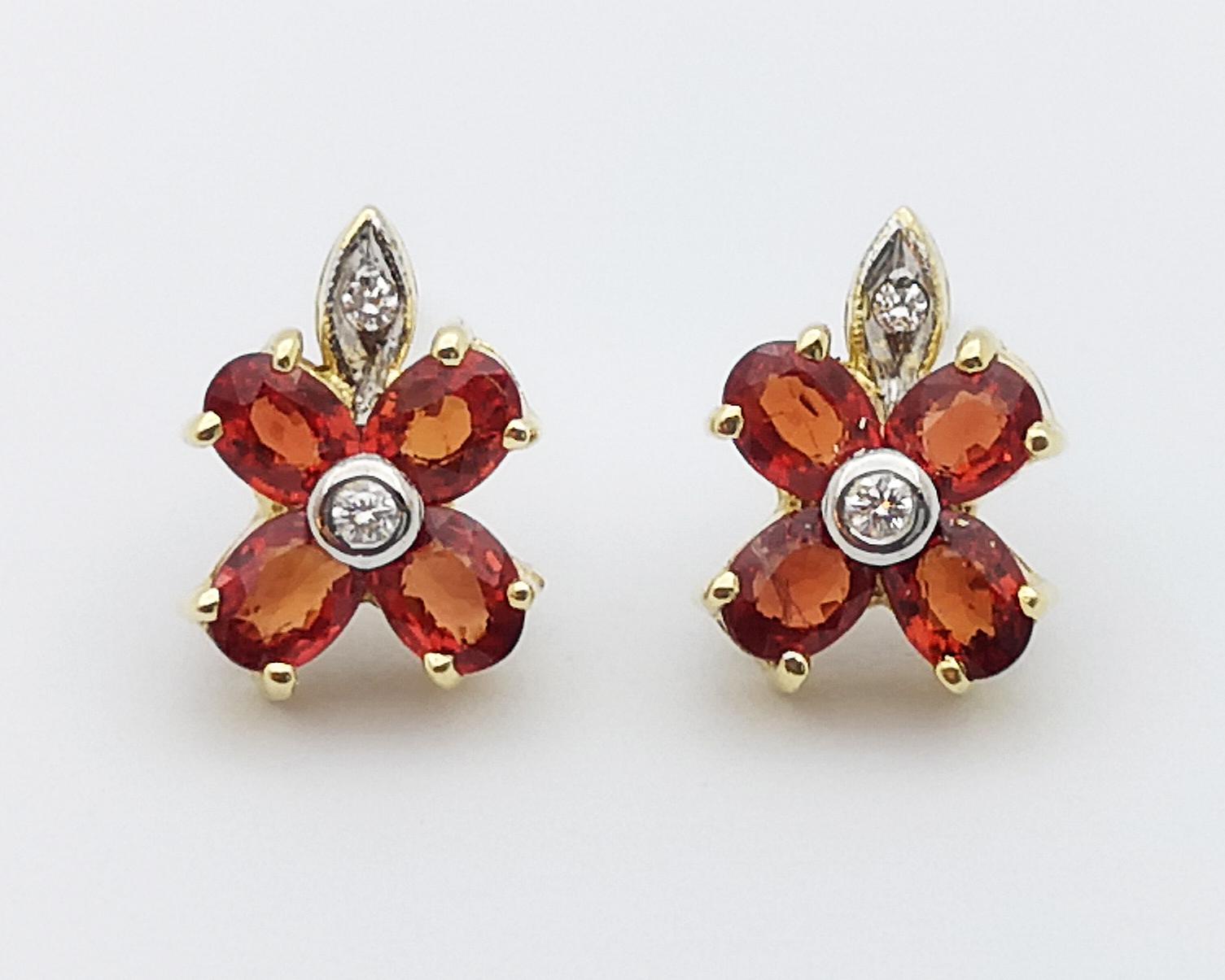 Women's Orange Sapphire with Diamond Earrings Set in 14 Karat Gold Settings For Sale