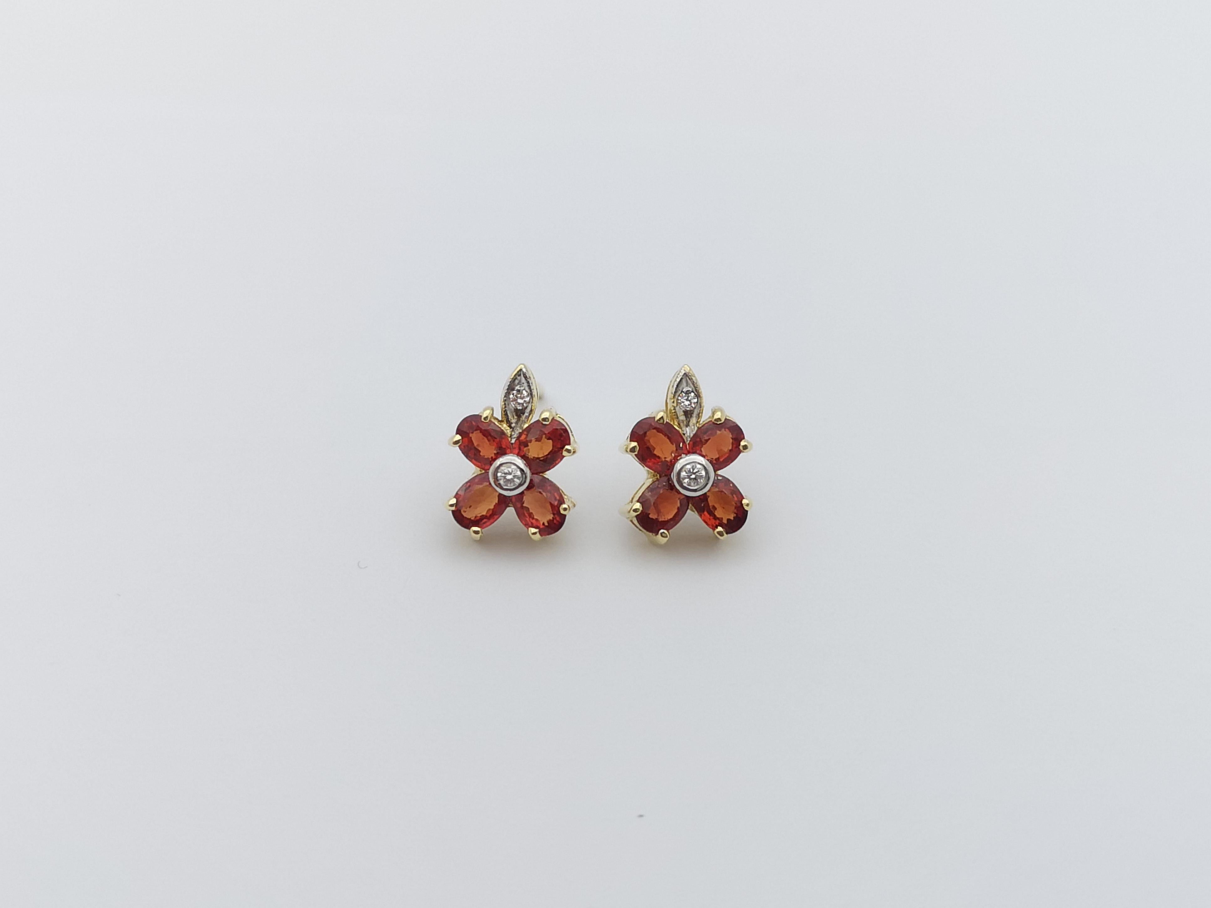 Orange Sapphire with Diamond Earrings Set in 14 Karat Gold Settings For Sale 1