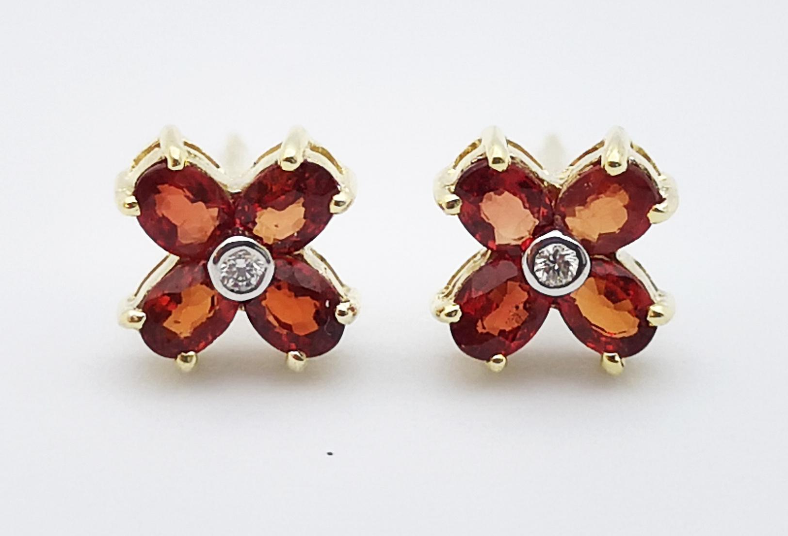 Women's or Men's Orange Sapphire with Diamond Earrings set in 14 Karat Gold Settings For Sale