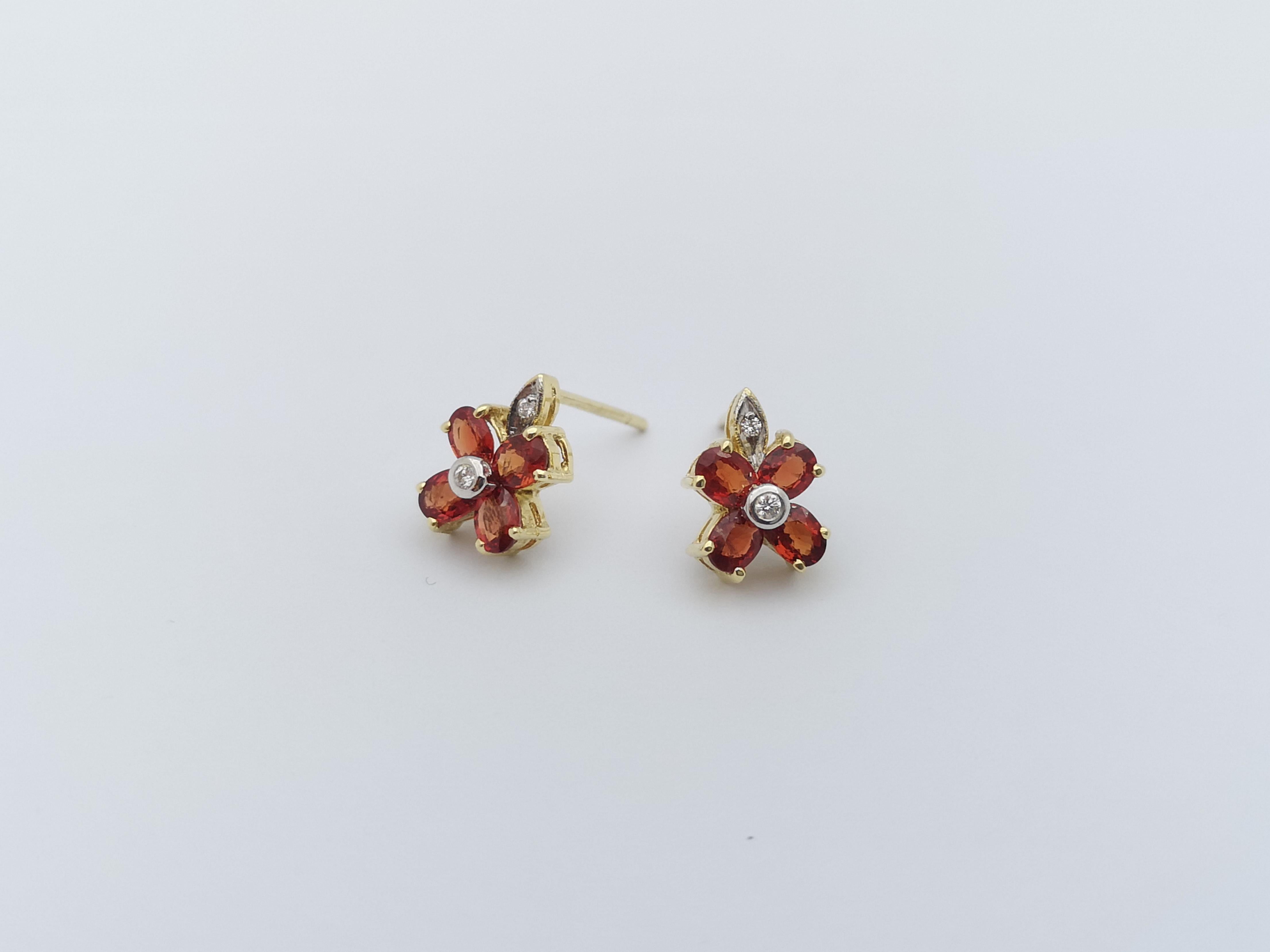 Orange Sapphire with Diamond Earrings Set in 14 Karat Gold Settings For Sale 2