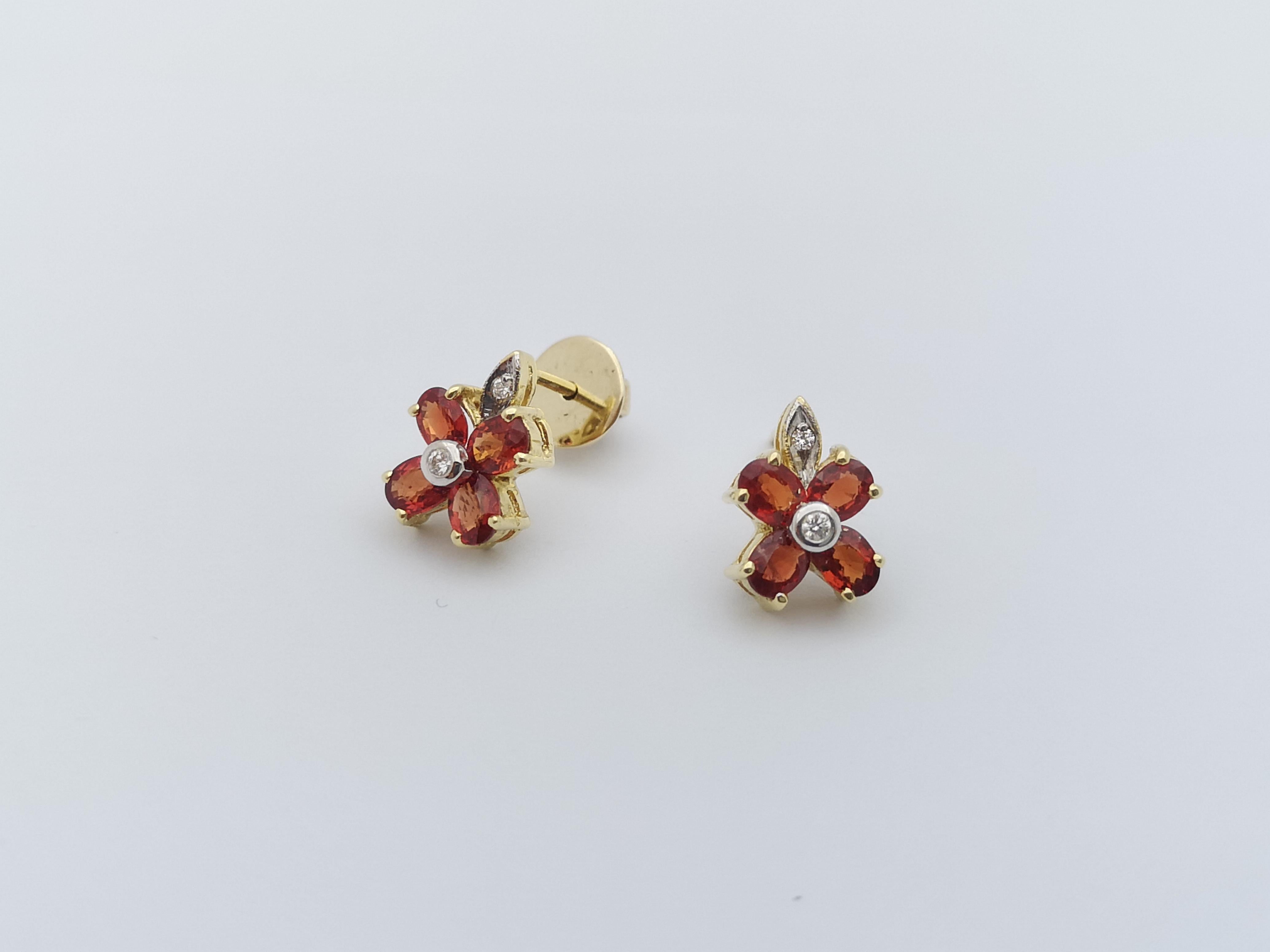 Orange Sapphire with Diamond Earrings Set in 14 Karat Gold Settings For Sale 3