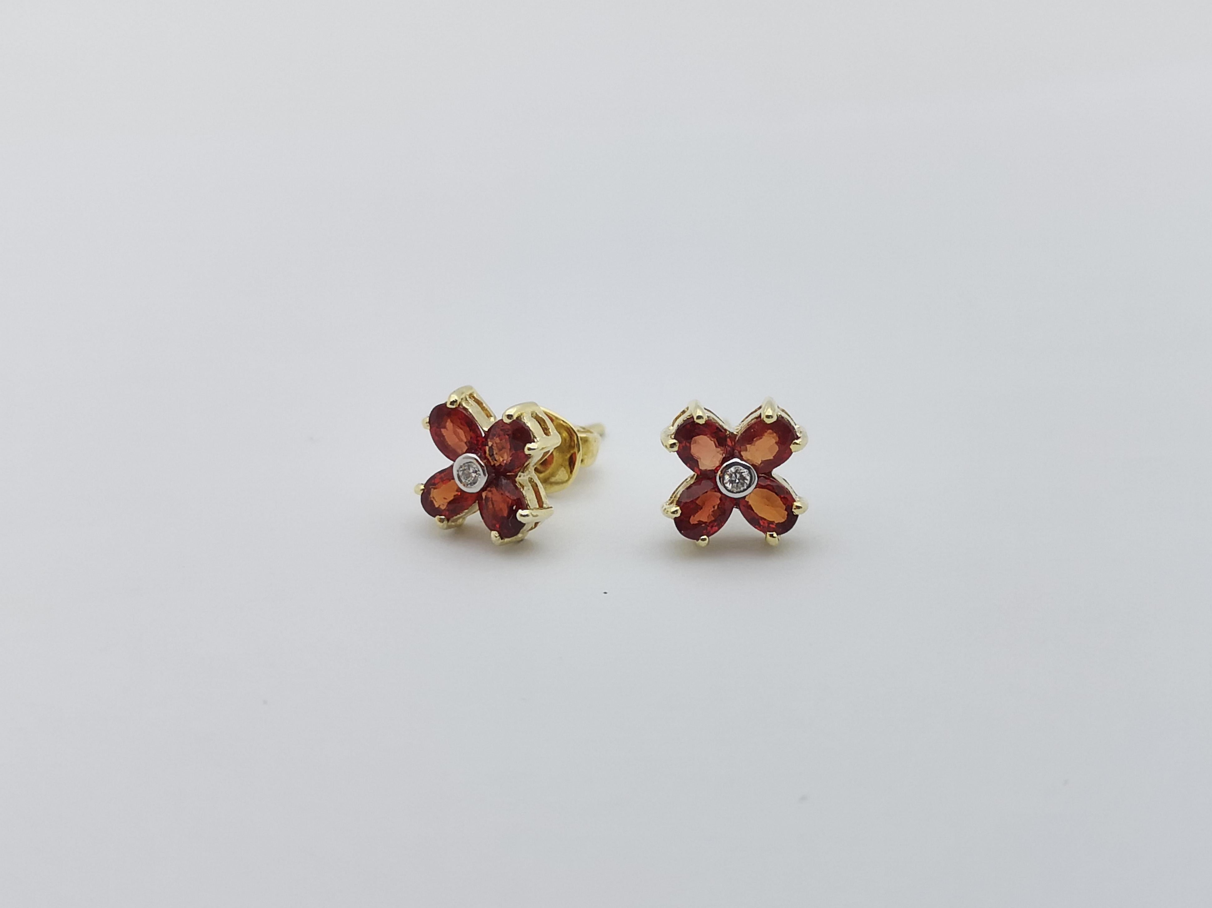 Orange Sapphire with Diamond Earrings set in 14 Karat Gold Settings For Sale 2