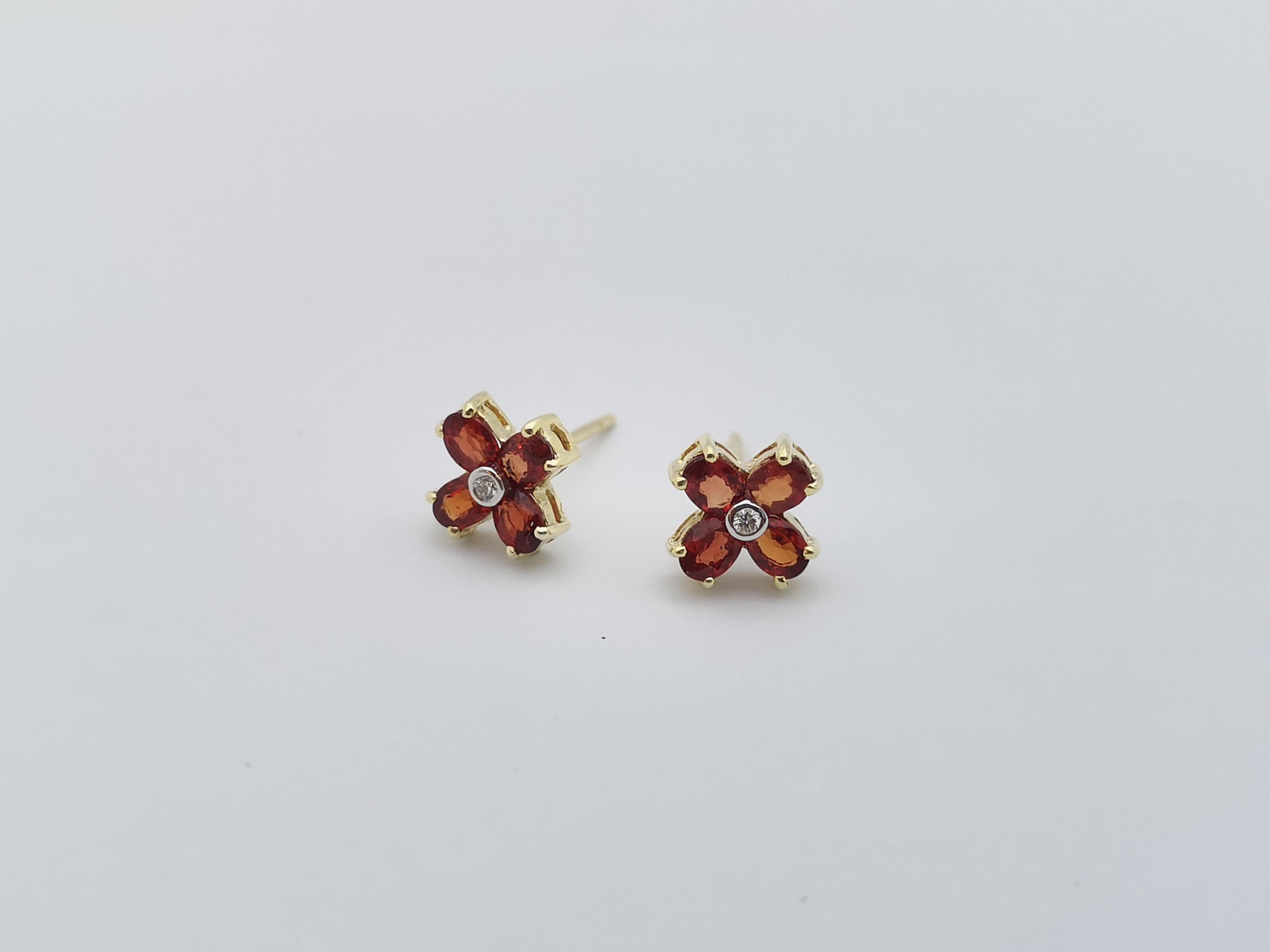 Orange Sapphire with Diamond Earrings set in 14 Karat Gold Settings For Sale 3