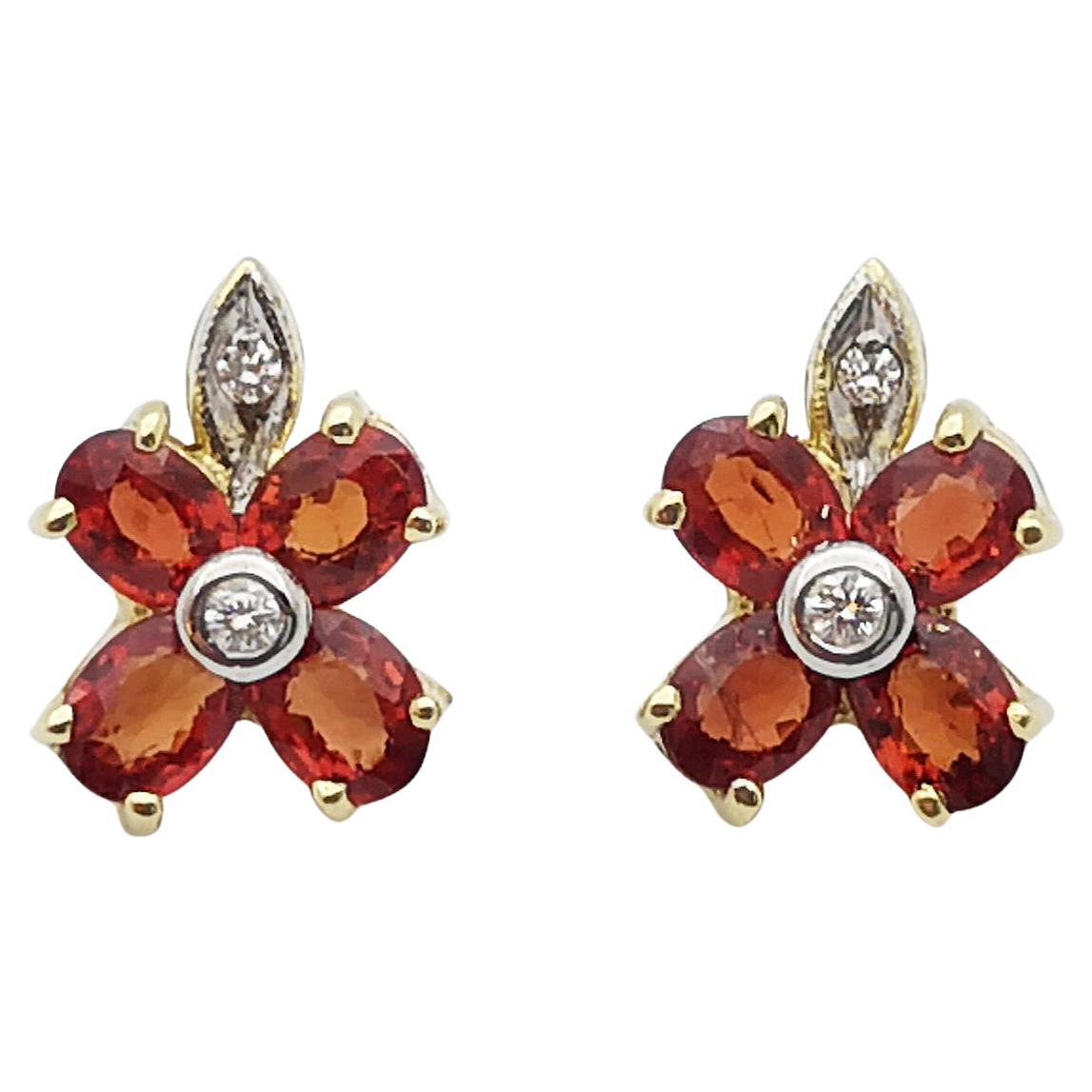 Orange Sapphire with Diamond Earrings Set in 14 Karat Gold Settings For Sale