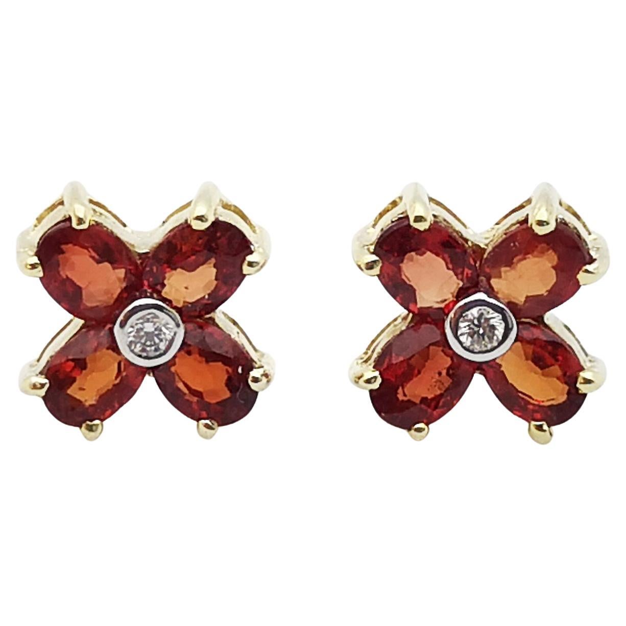 Orange Sapphire with Diamond Earrings set in 14 Karat Gold Settings For Sale