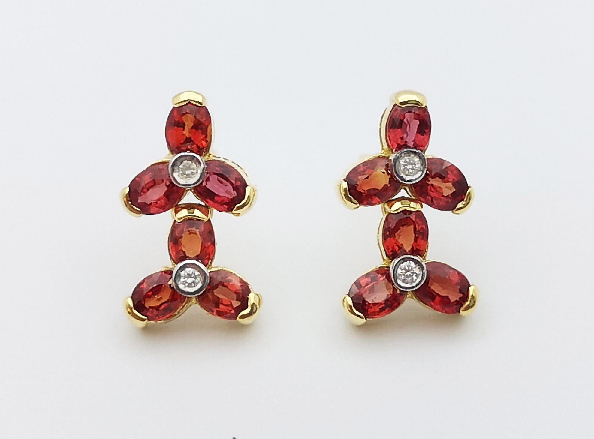 Women's or Men's Orange Sapphire with Diamond Earrings Set in 18 Karat Gold Settings For Sale