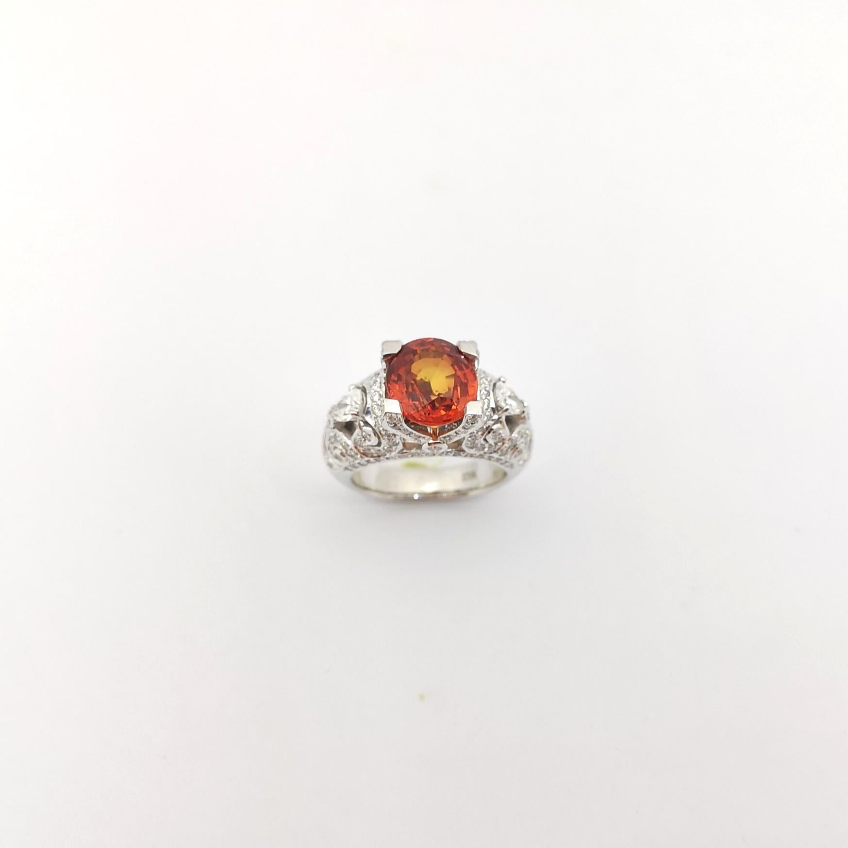 Orange Sapphire with Diamond Ring in 18K White Gold Settings For Sale 6