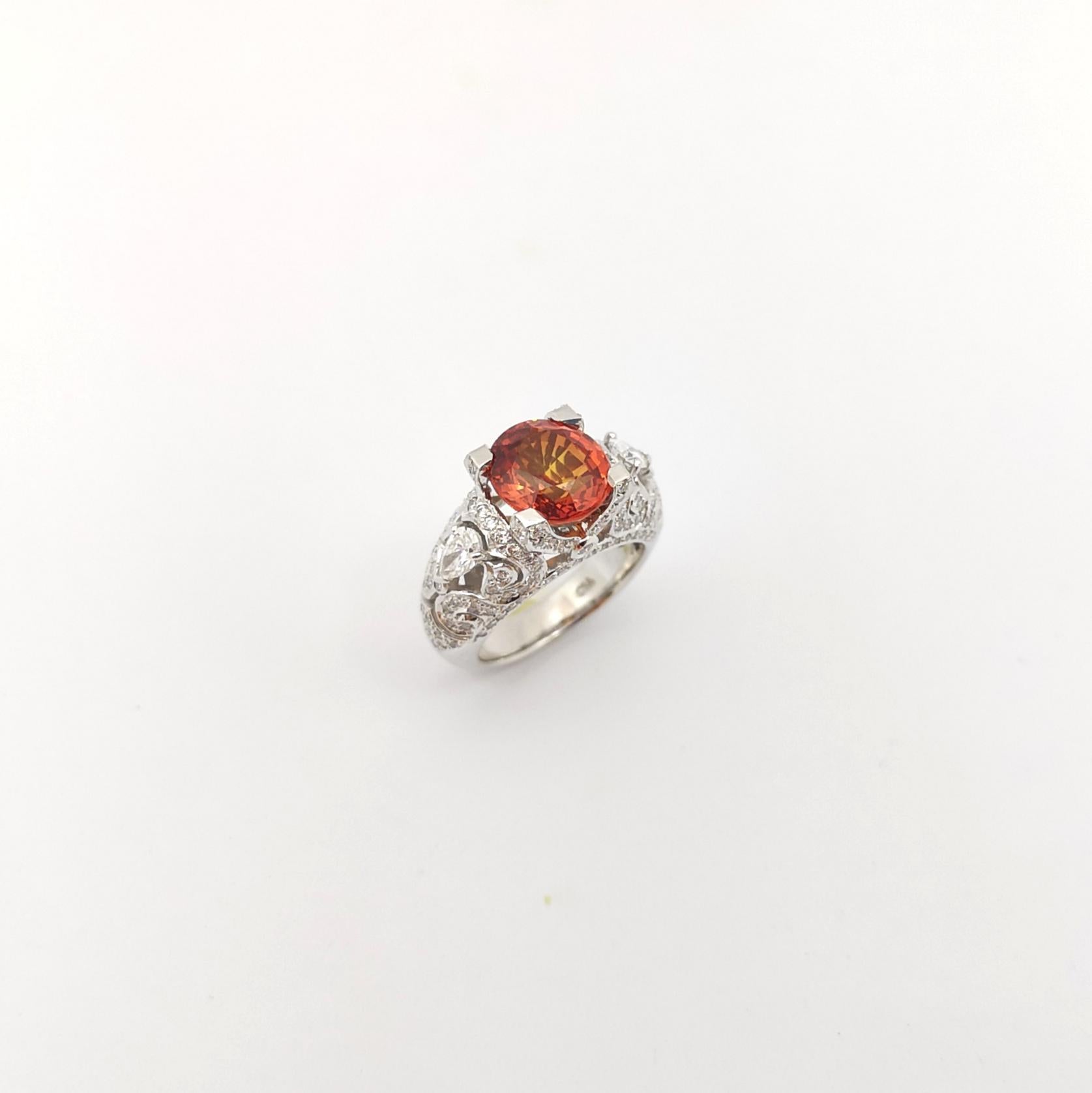 Orange Sapphire with Diamond Ring in 18K White Gold Settings For Sale 7