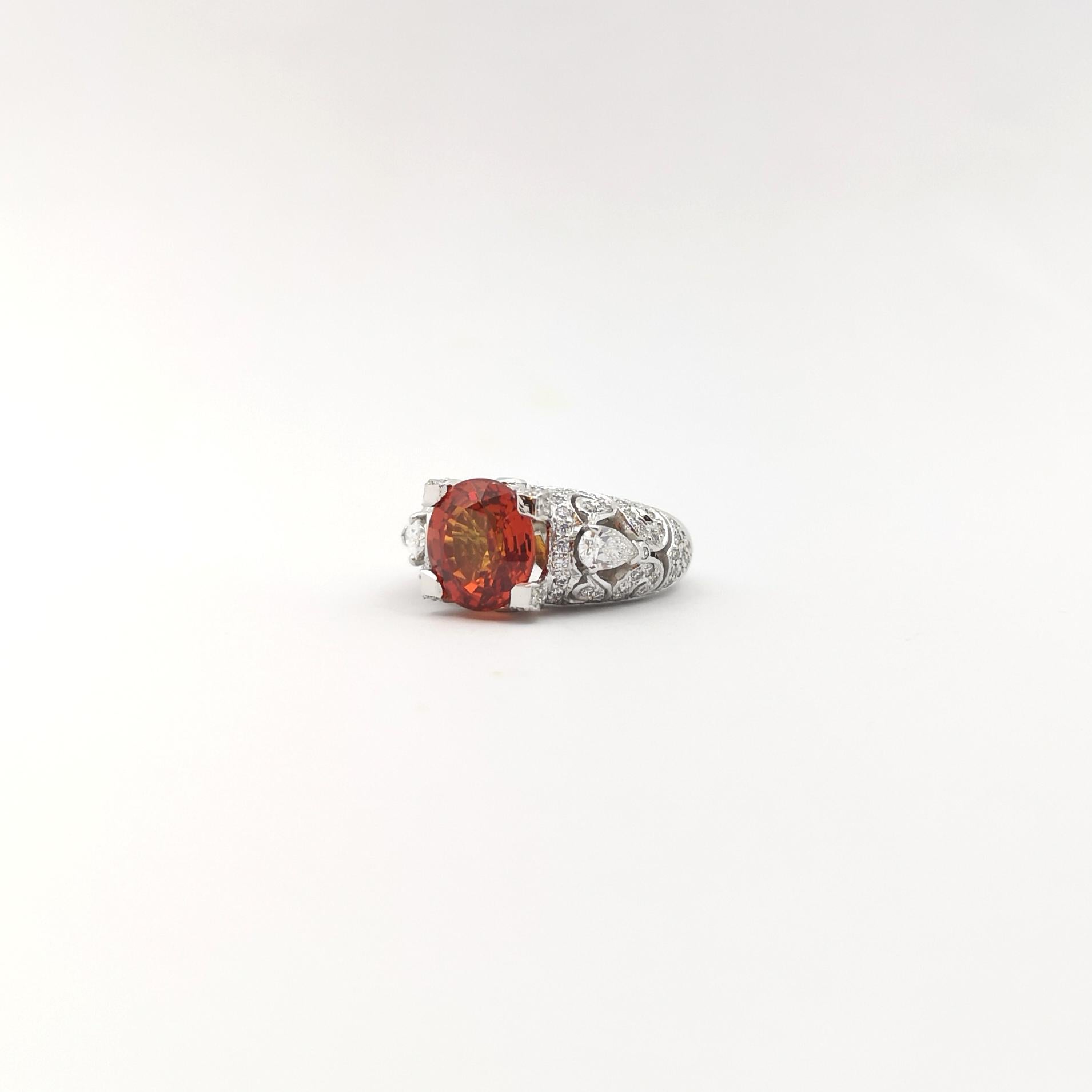 Orange Sapphire with Diamond Ring in 18K White Gold Settings For Sale 3