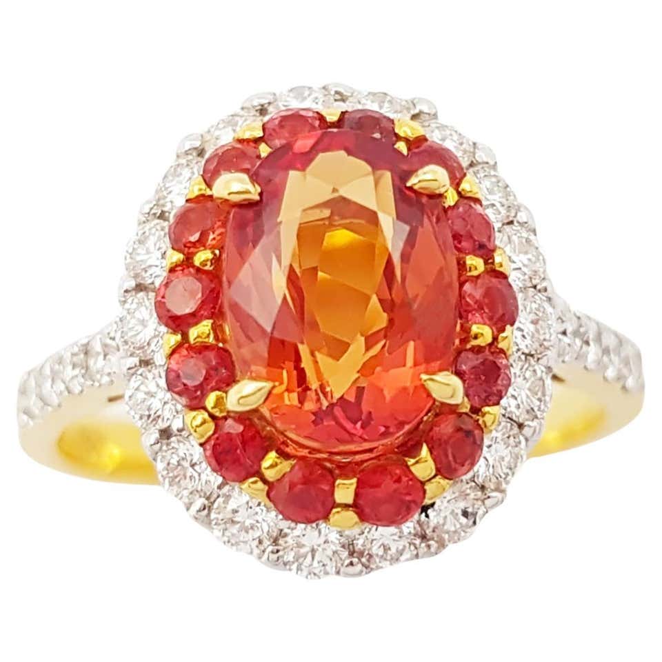 Sphere Orange Rings Fiery 3 Carat Orange Sapphire and Diamond Vintage Gemstone Engagement ...