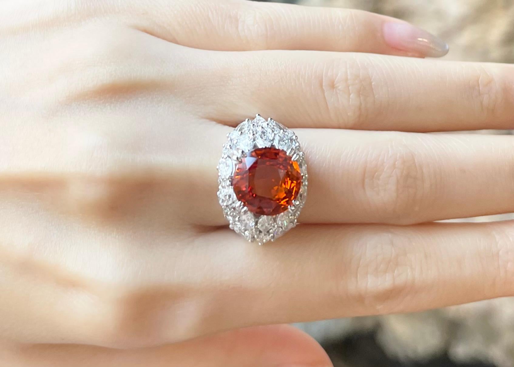 Cushion Cut Orange Sapphire with Diamond Ring set in 18K White Gold Settings For Sale