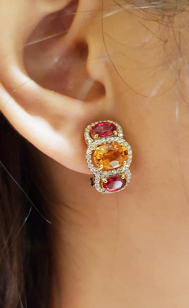 Orange Sapphire, Yellow Sapphire with Diamond Earrings Set in 18 Karat