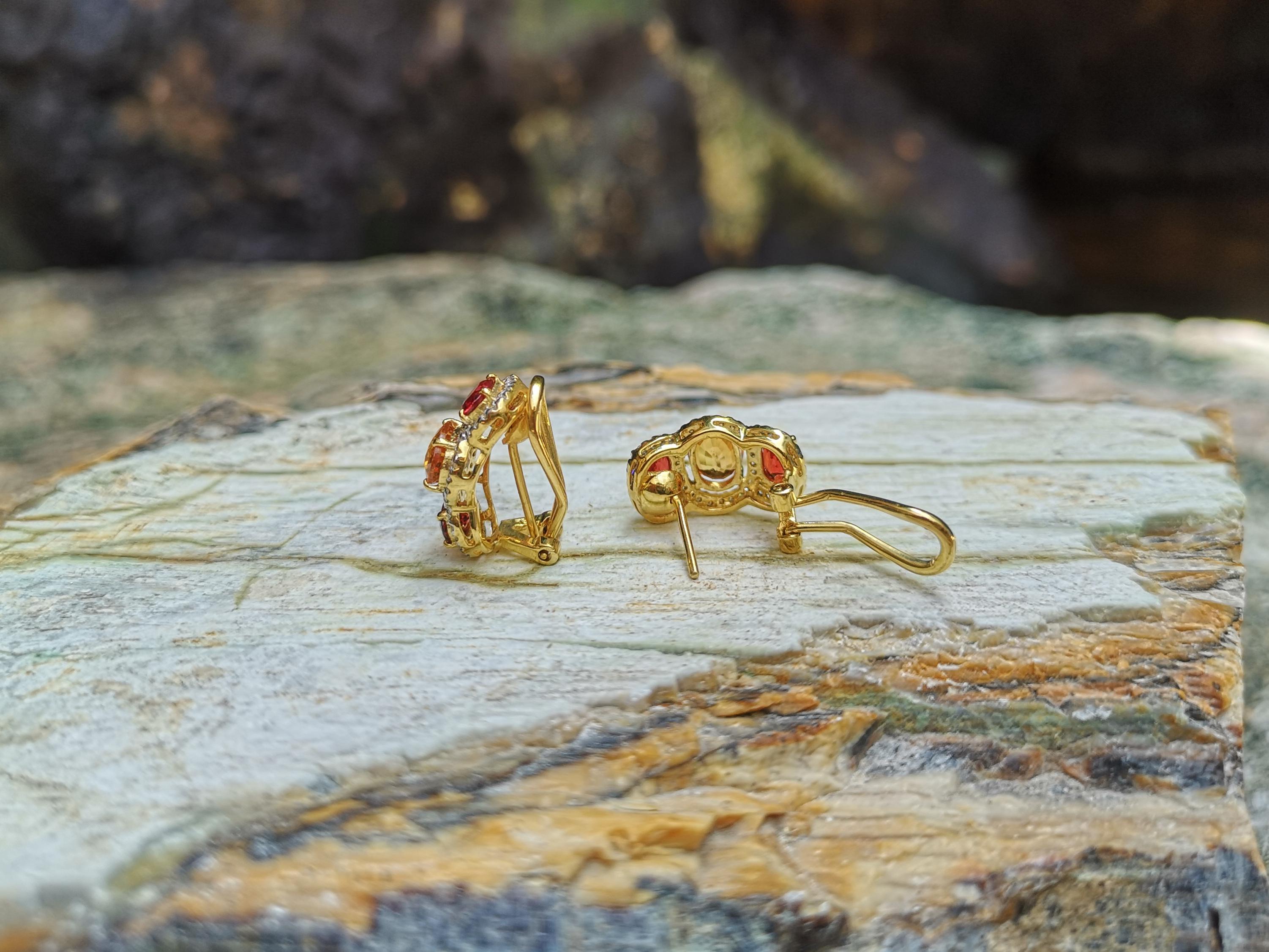 Contemporary Orange Sapphire, Yellow Sapphire with Diamond Earrings Set in 18 Karat Gold For Sale