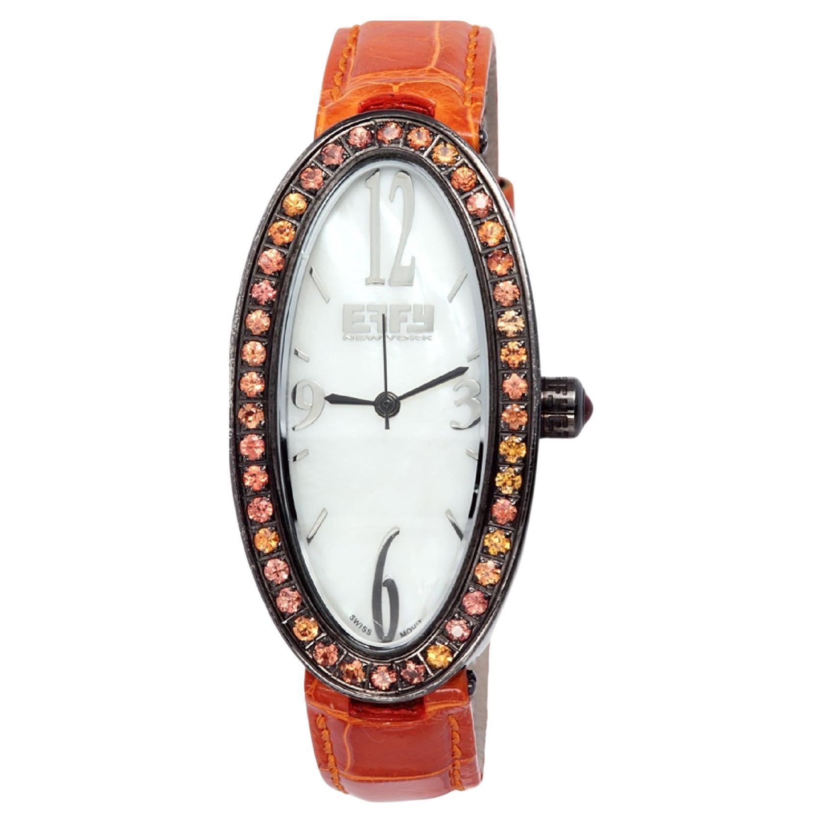 Orange Sapphires Pave Dial Luxury Swiss Quartz Exotic Leather Band Watch For Sale
