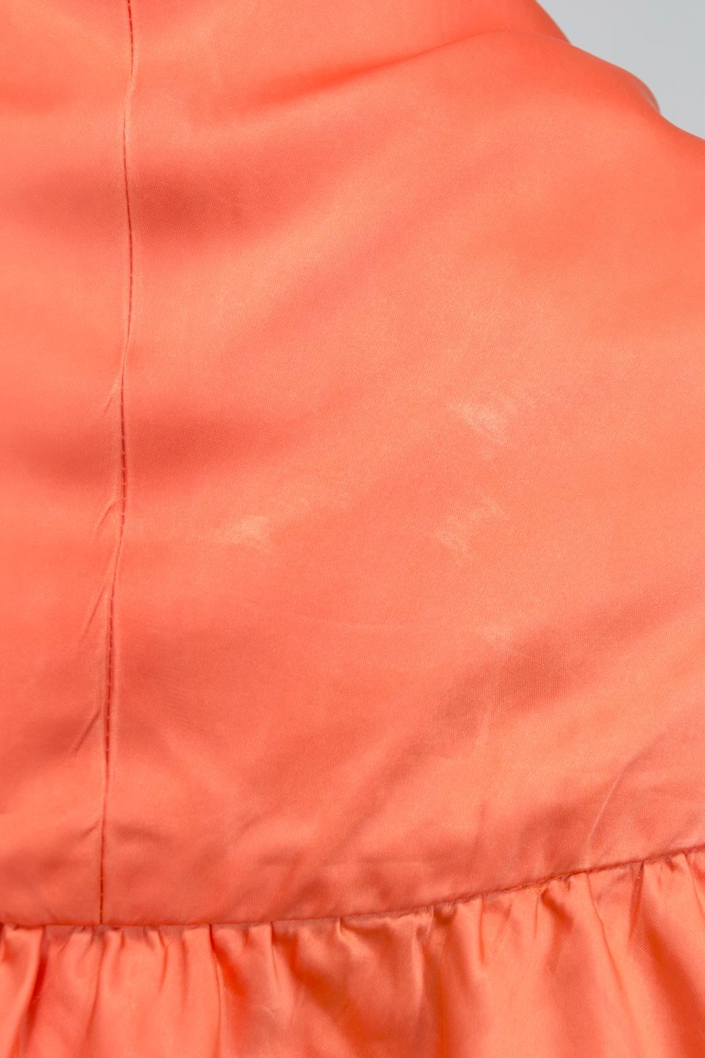 Tangerine Satin Sleeveless Inverness Coat Dress w Cascading Ruffles–O/S, 1960s For Sale 2
