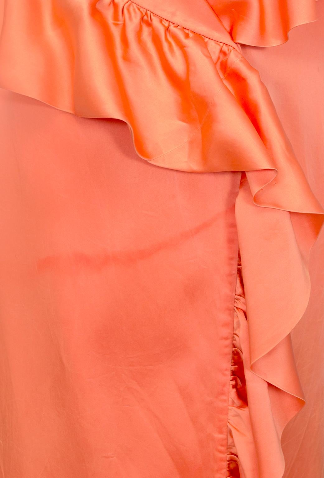 Tangerine Satin Sleeveless Inverness Coat Dress w Cascading Ruffles–O/S, 1960s For Sale 3