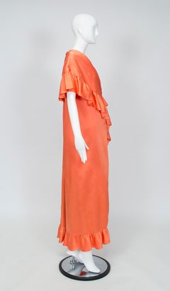 Tangerine Satin Sleeveless Inverness Coat Dress w Cascading Ruffles–O/S, 1960s