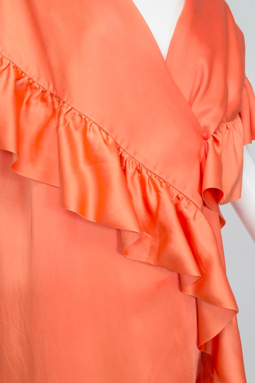 Orange Tangerine Satin Sleeveless Inverness Coat Dress w Cascading Ruffles–O/S, 1960s For Sale
