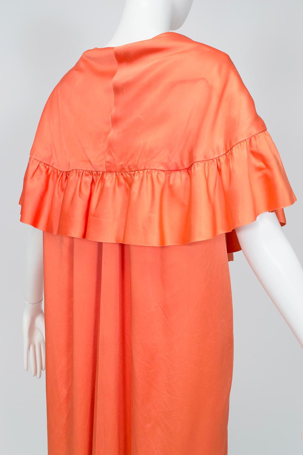 Tangerine Satin Sleeveless Inverness Coat Dress w Cascading Ruffles–O/S, 1960s In Fair Condition For Sale In Tucson, AZ