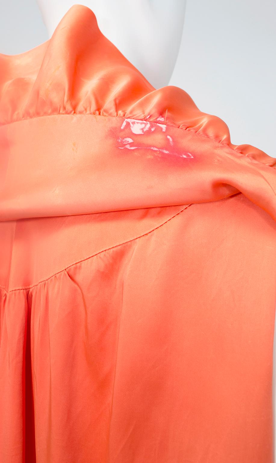 Tangerine Satin Sleeveless Inverness Coat Dress w Cascading Ruffles–O/S, 1960s For Sale 1