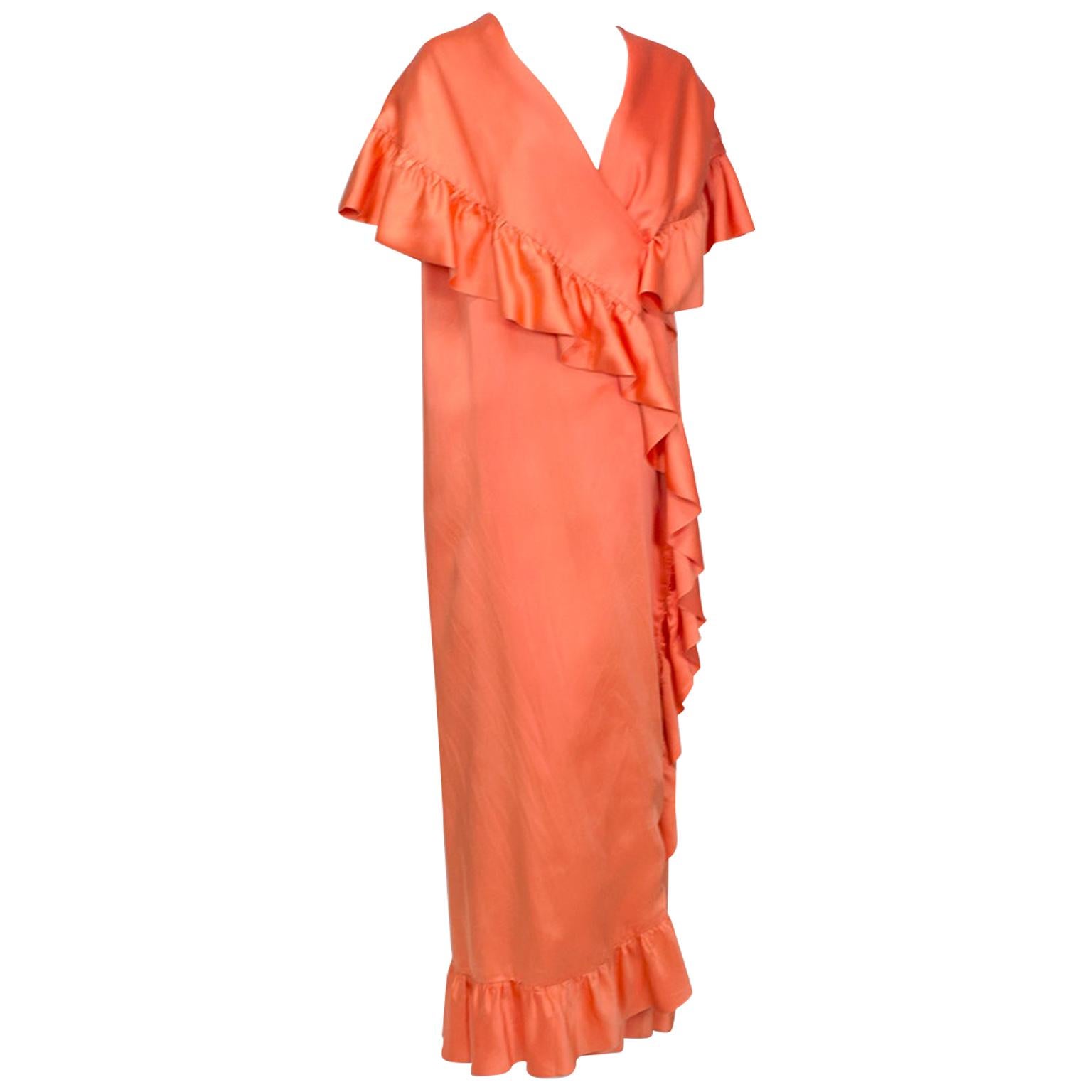 Tangerine Satin Sleeveless Cape Coat Dress with Cascading Ruffles–O/S, 1960s