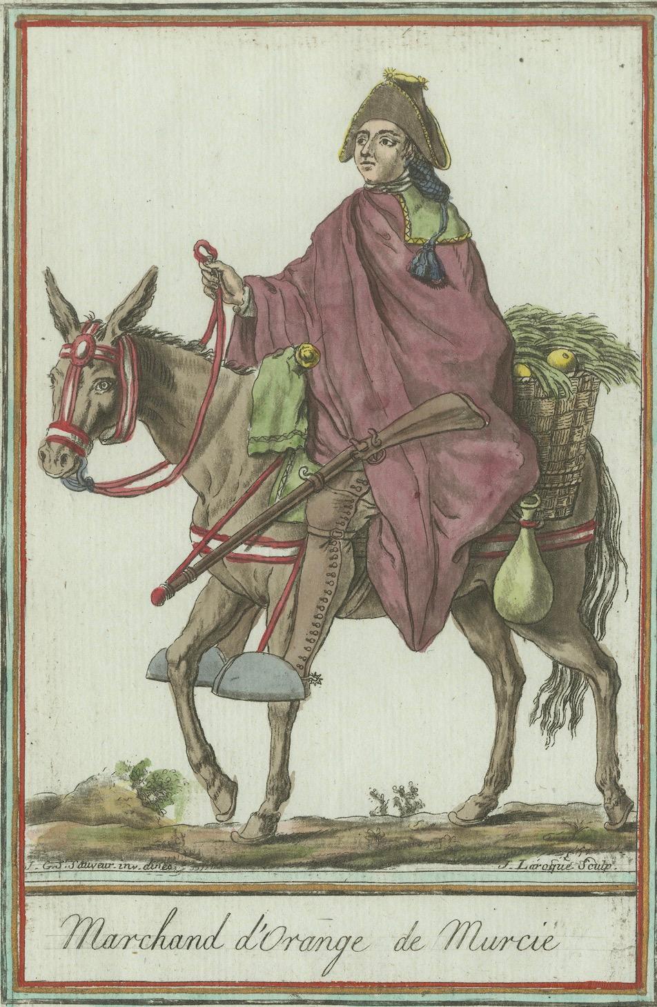 Orange Seller from Murcia – Hand-Colored Engraving by G.de Saint-Sauveur, c.1797