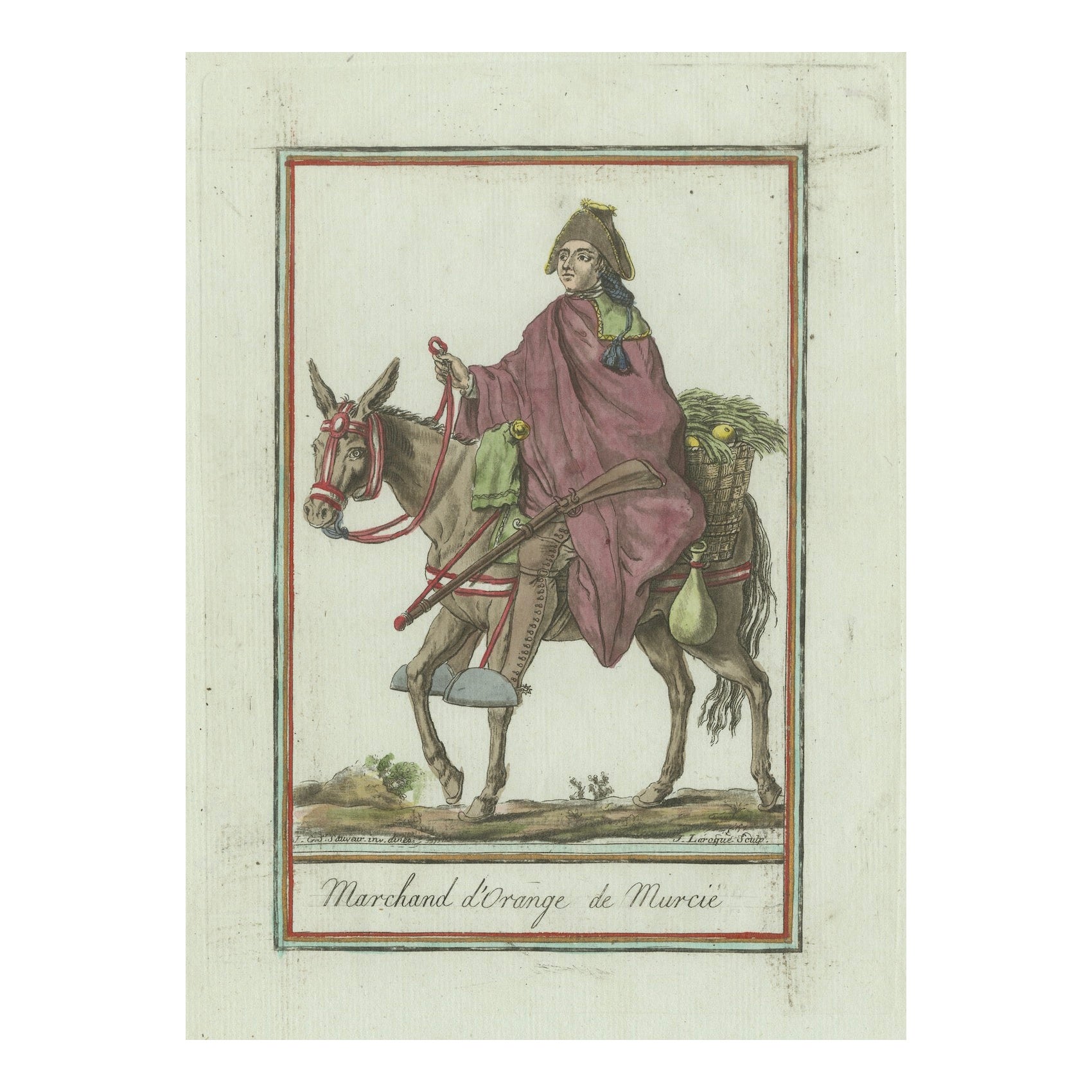 Orangenverkäufer aus Murcia - Handkolorierter Kupferstich von G. de Saint-Sauveur, um 1797 im Angebot