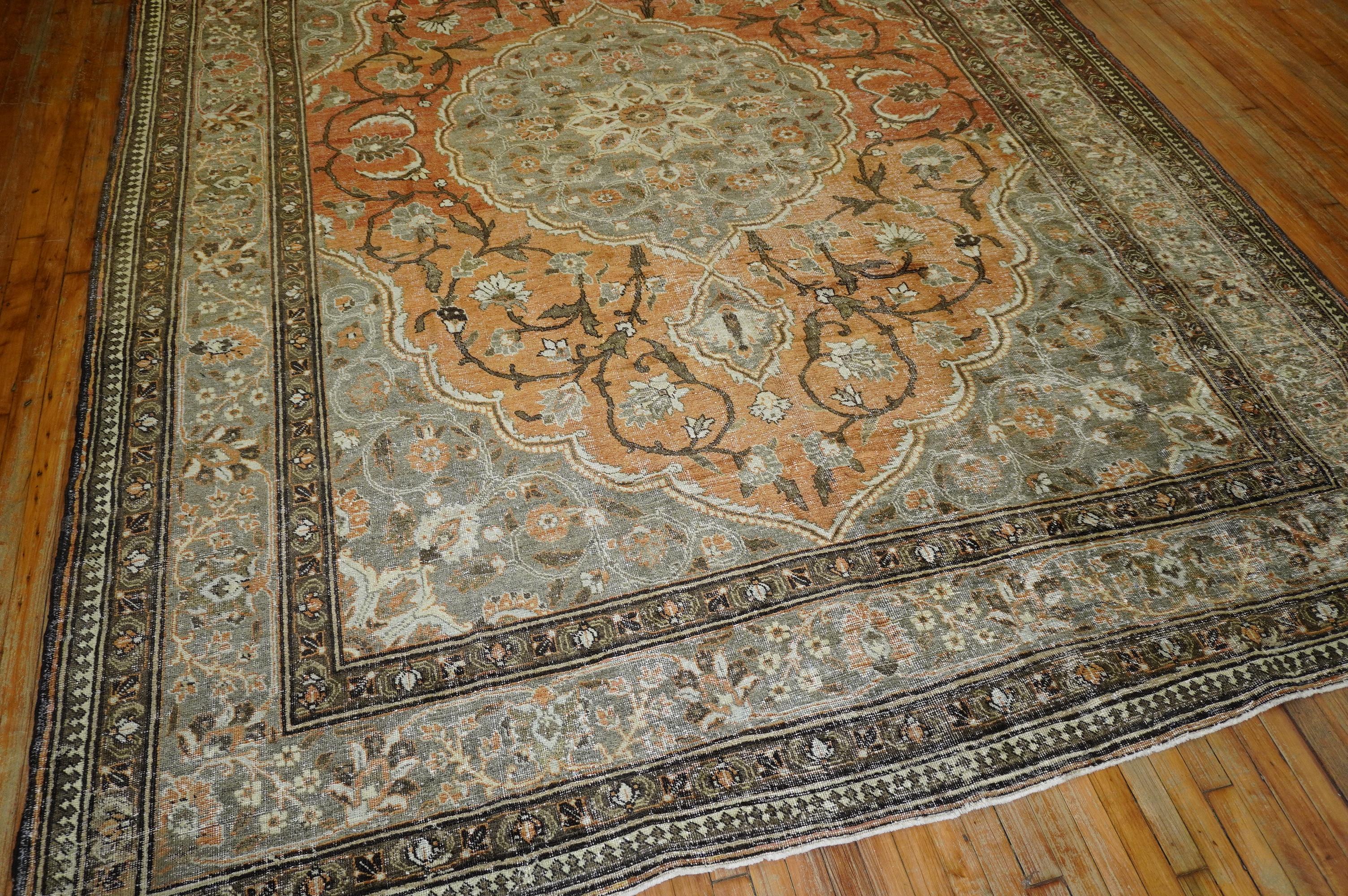 Orange Shabby Chic Persian Tabriz Room Siize Rug, Early 20th Century 8