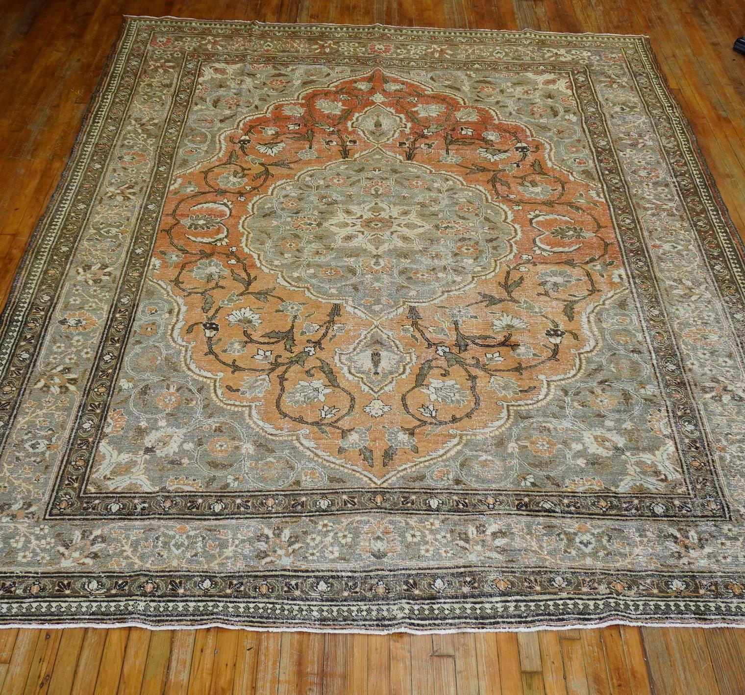 Orange Shabby Chic Persian Tabriz Room Siize Rug, Early 20th Century 10