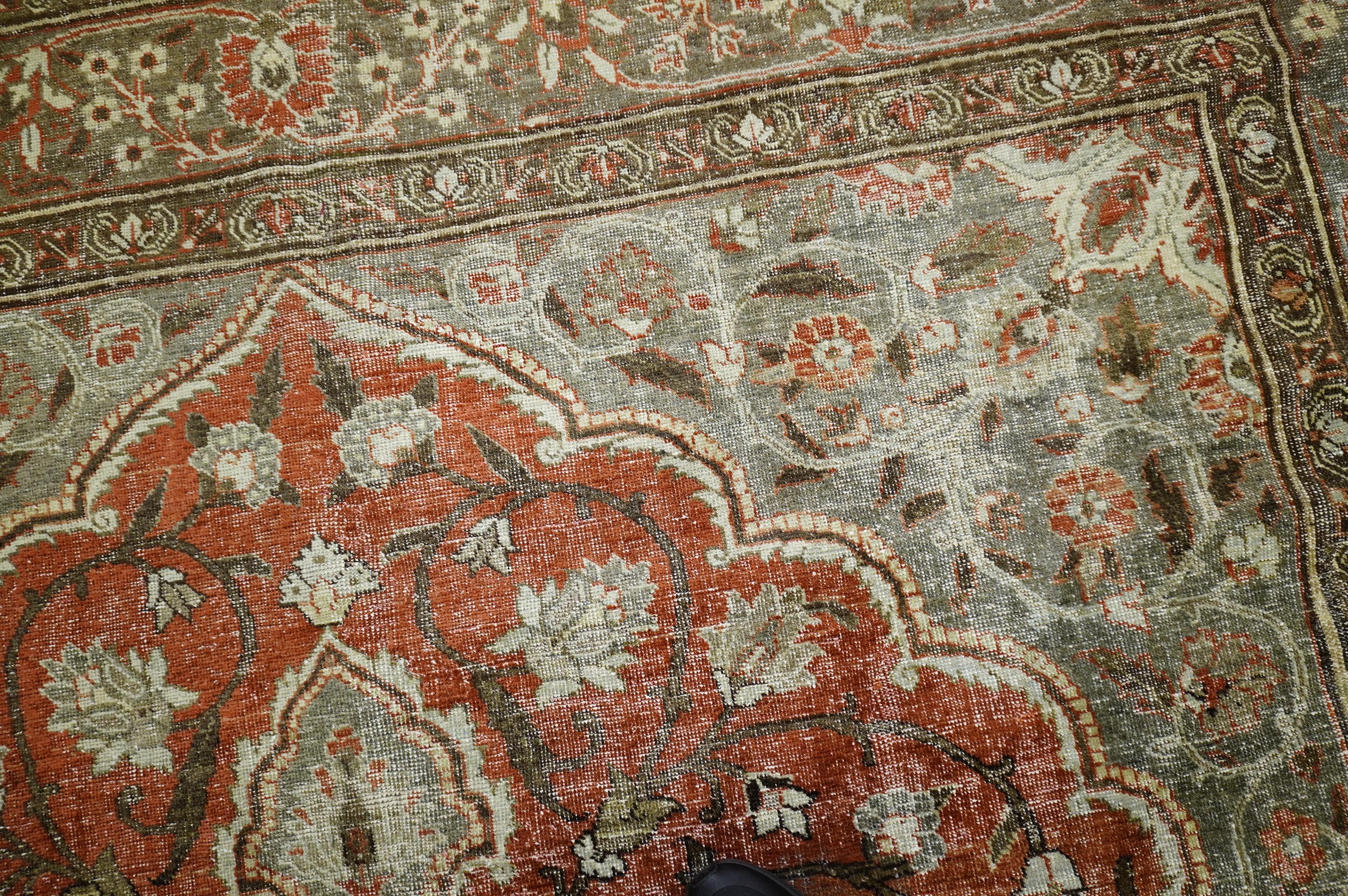 American Colonial Orange Shabby Chic Persian Tabriz Room Siize Rug, Early 20th Century