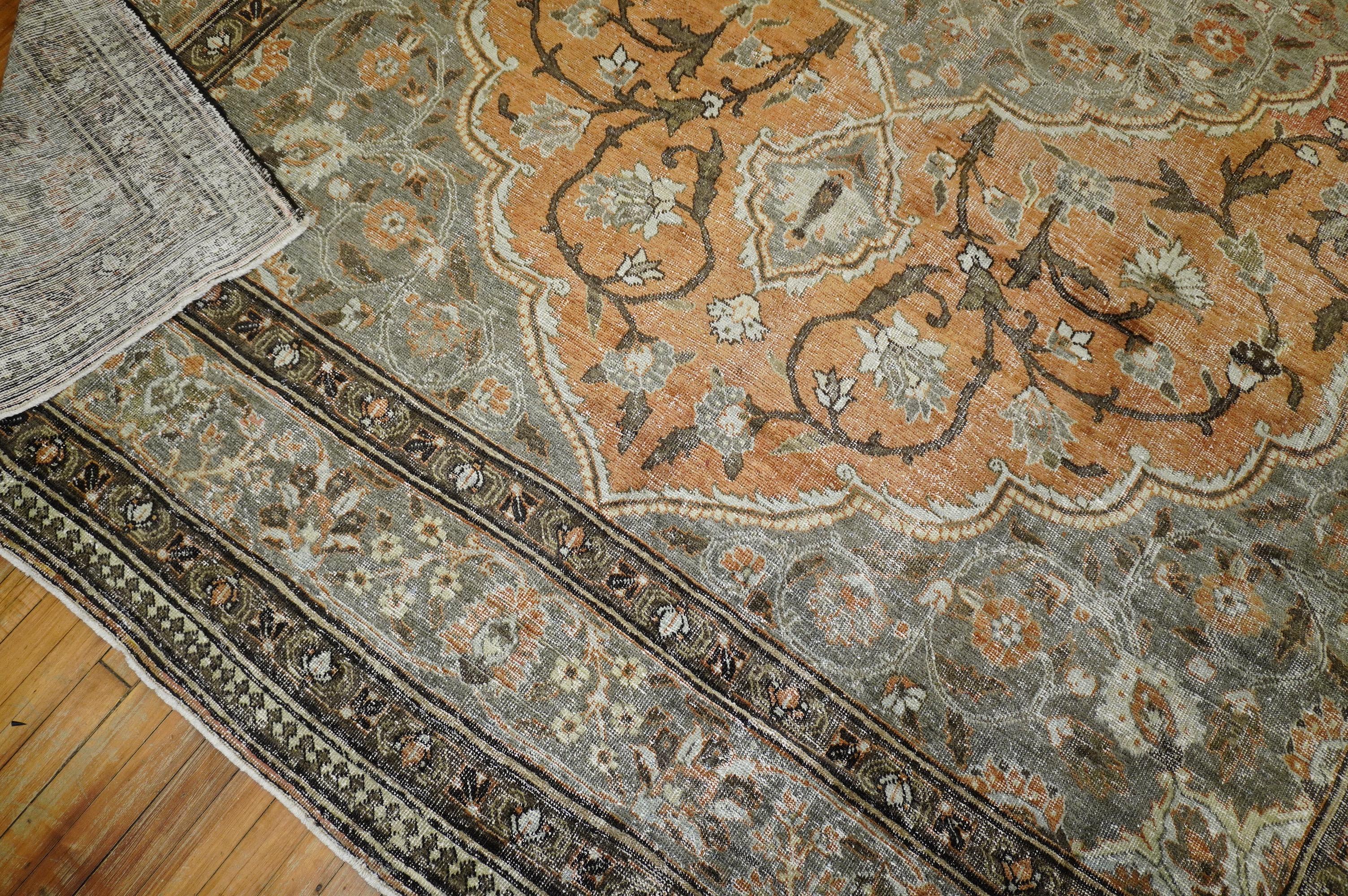 Hand-Knotted Orange Shabby Chic Persian Tabriz Room Siize Rug, Early 20th Century