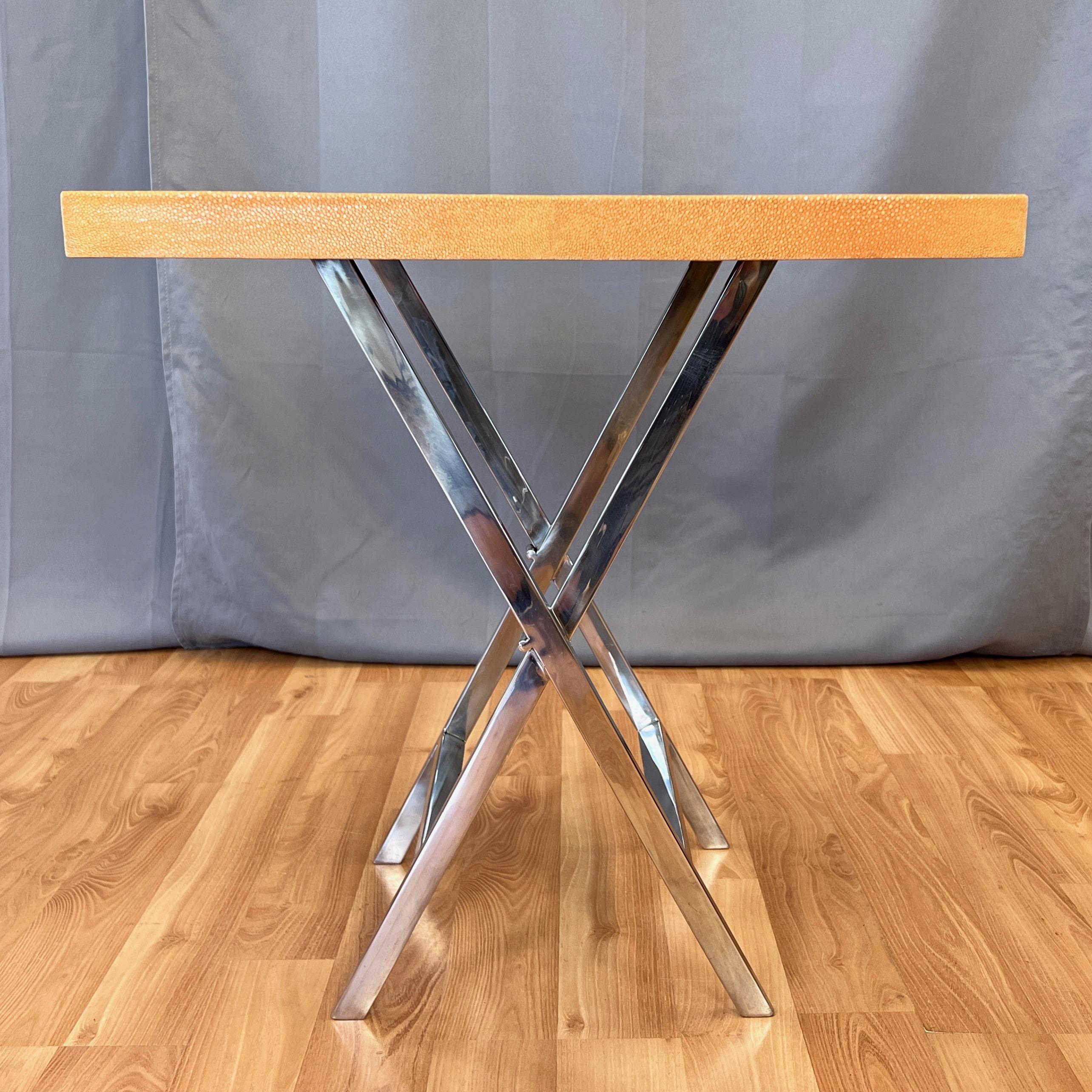 Plated Orange Shagreen Campaign Side Table with Polished Nickel X-Base, circa 1980 For Sale