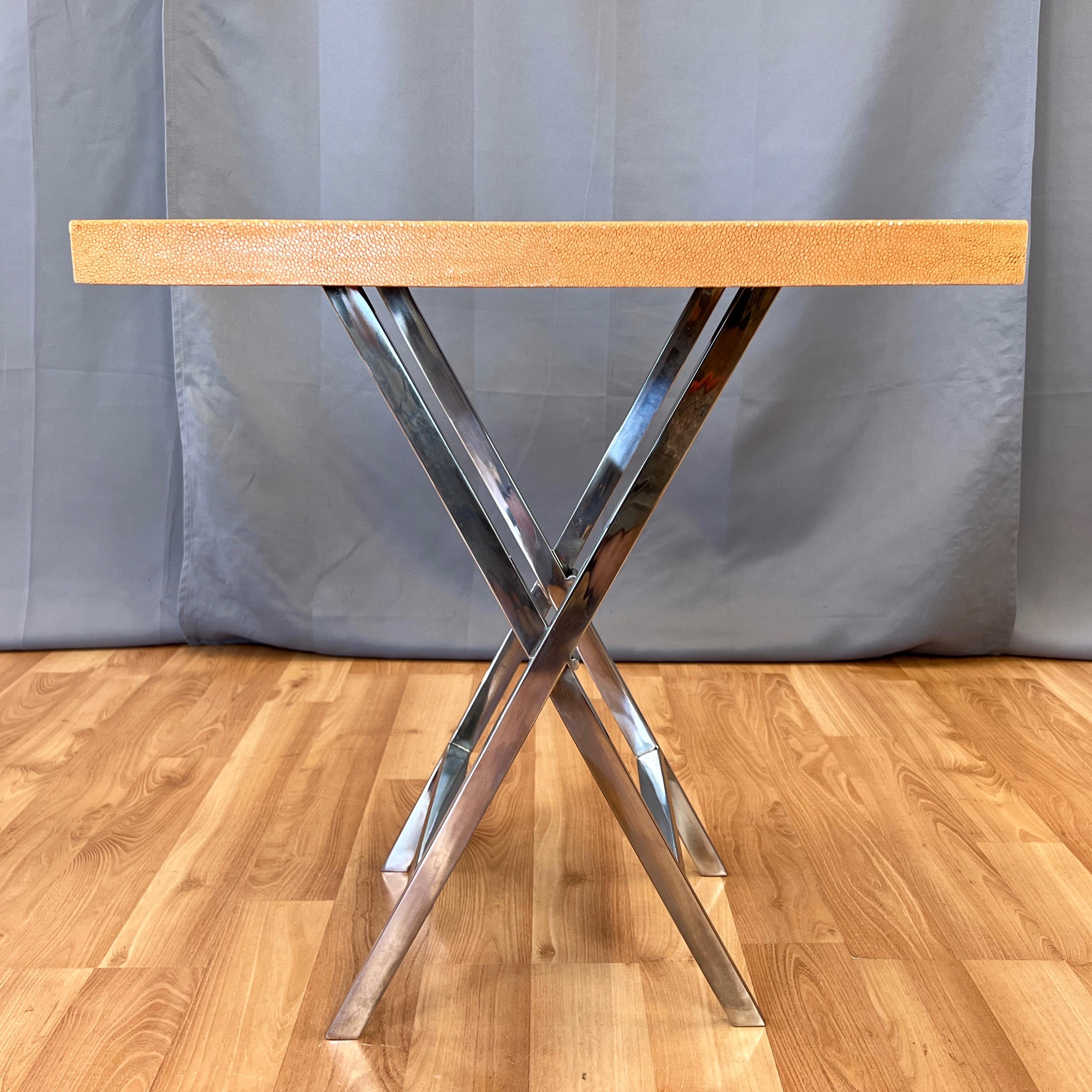 Late 20th Century Orange Shagreen Campaign Side Table with Polished Nickel X-Base, circa 1980 For Sale