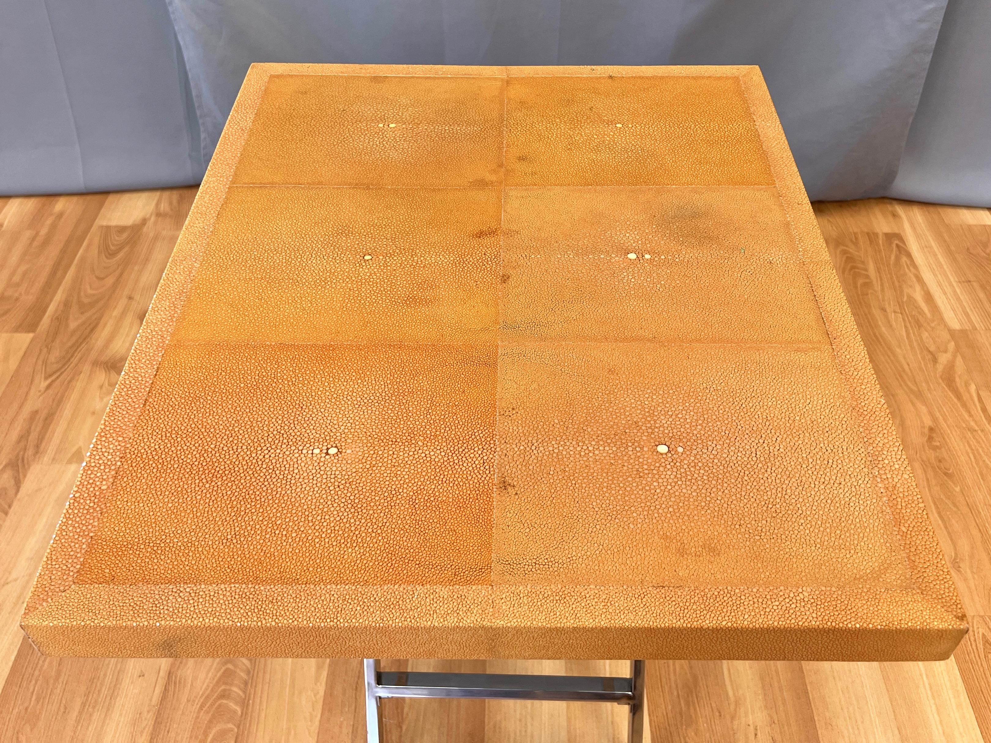 Orange Shagreen Campaign Side Table with Polished Nickel X-Base, circa 1980 For Sale 1