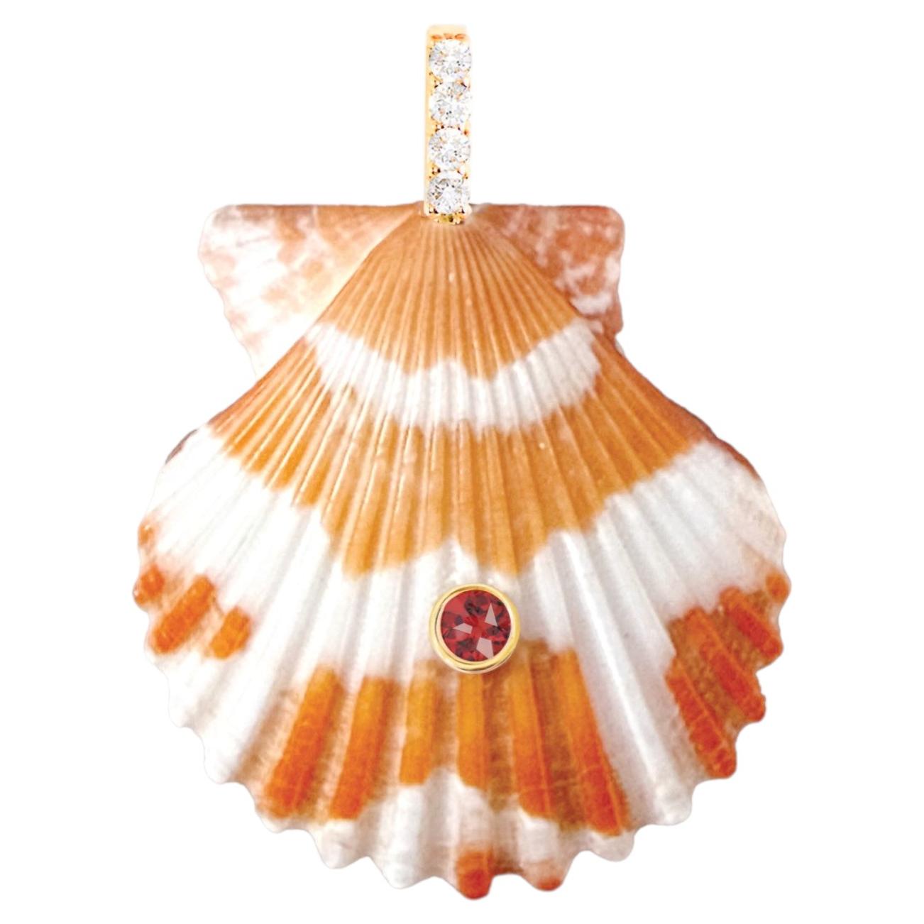 Orange Shell Pendant with Natural Diamonds and Red Garnet