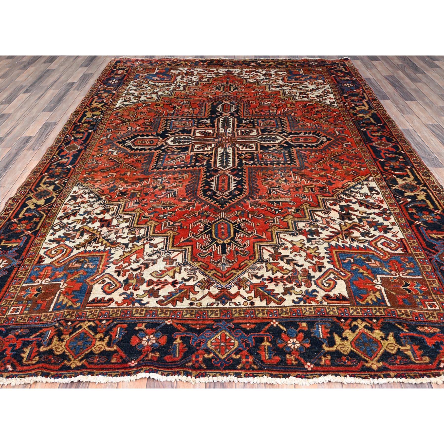 Orange Sides and Ends Cleaned Hand Knotted Pure Wool Vintage Persian Heriz Rug For Sale 5