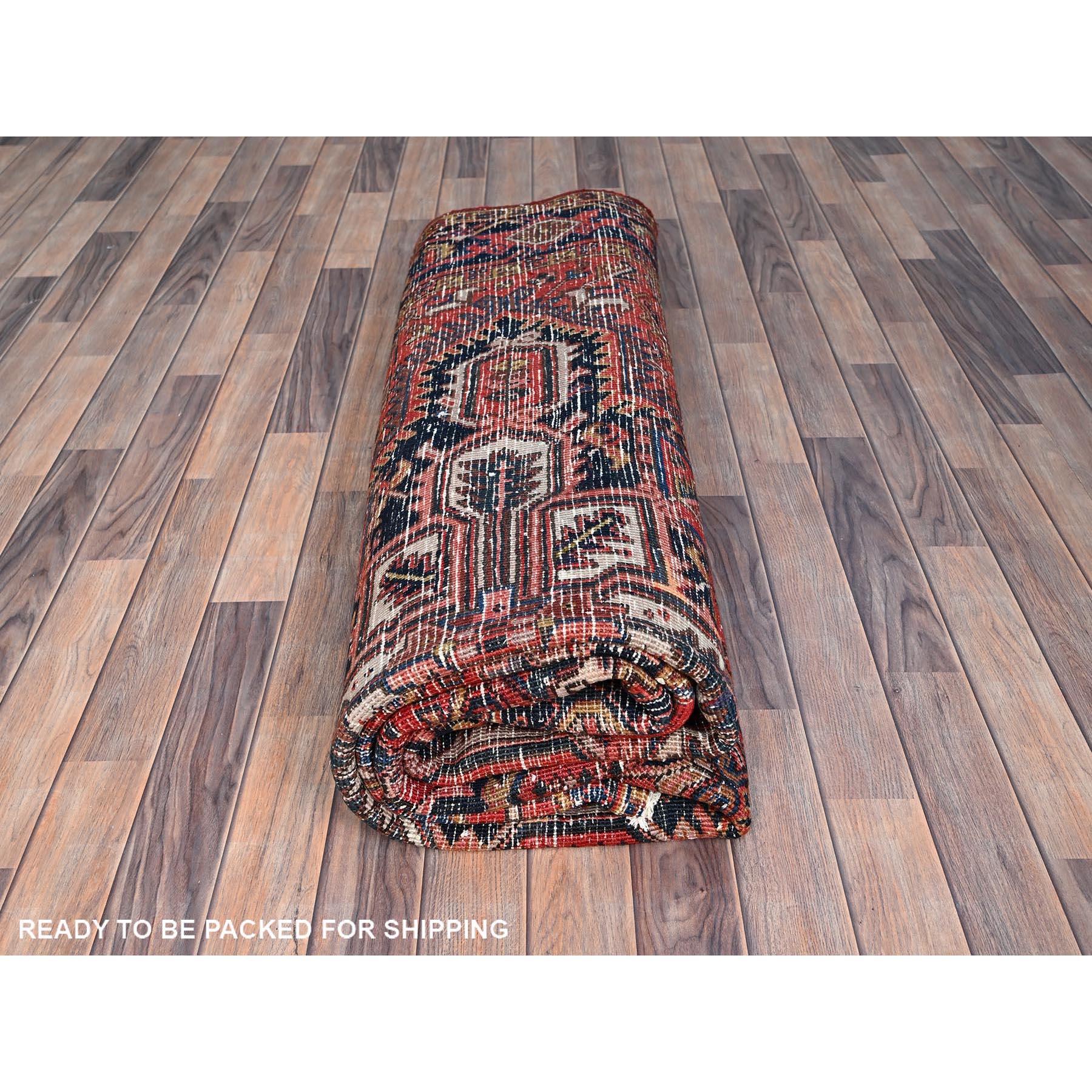 Orange Sides and Ends Cleaned Hand Knotted Pure Wool Vintage Persian Heriz Rug For Sale 1