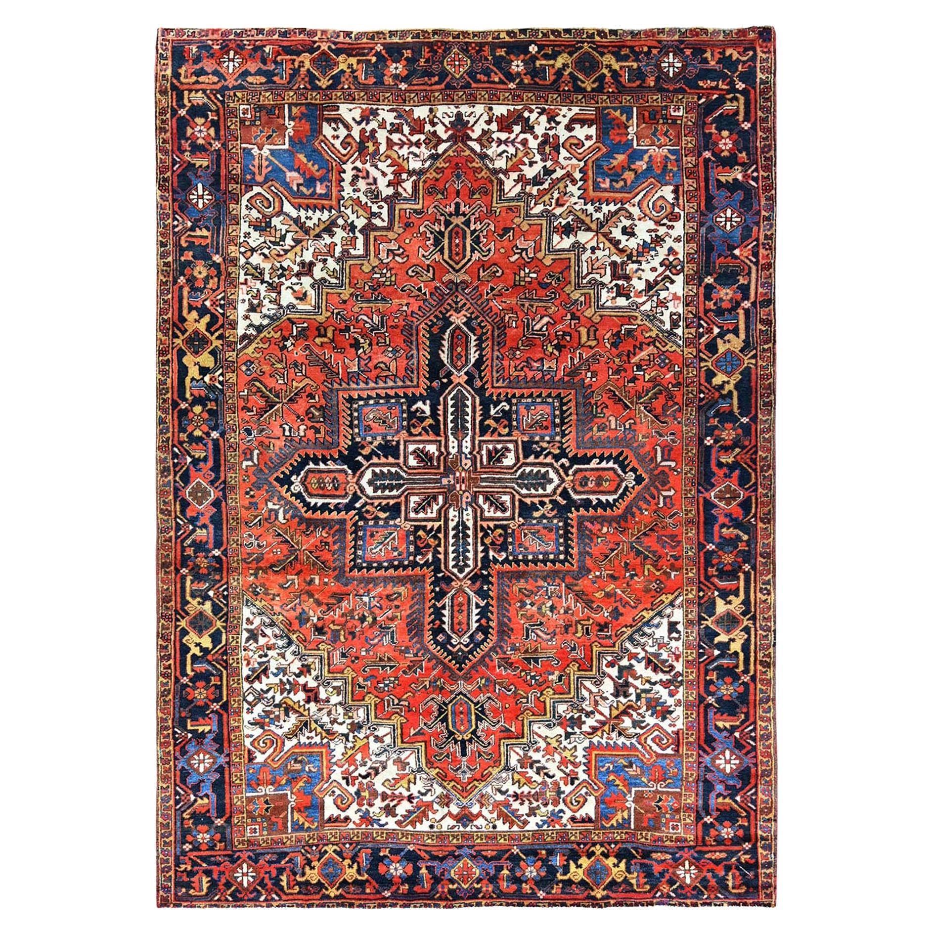 Orange Sides and Ends Cleaned Hand Knotted Pure Wool Vintage Persian Heriz Rug For Sale