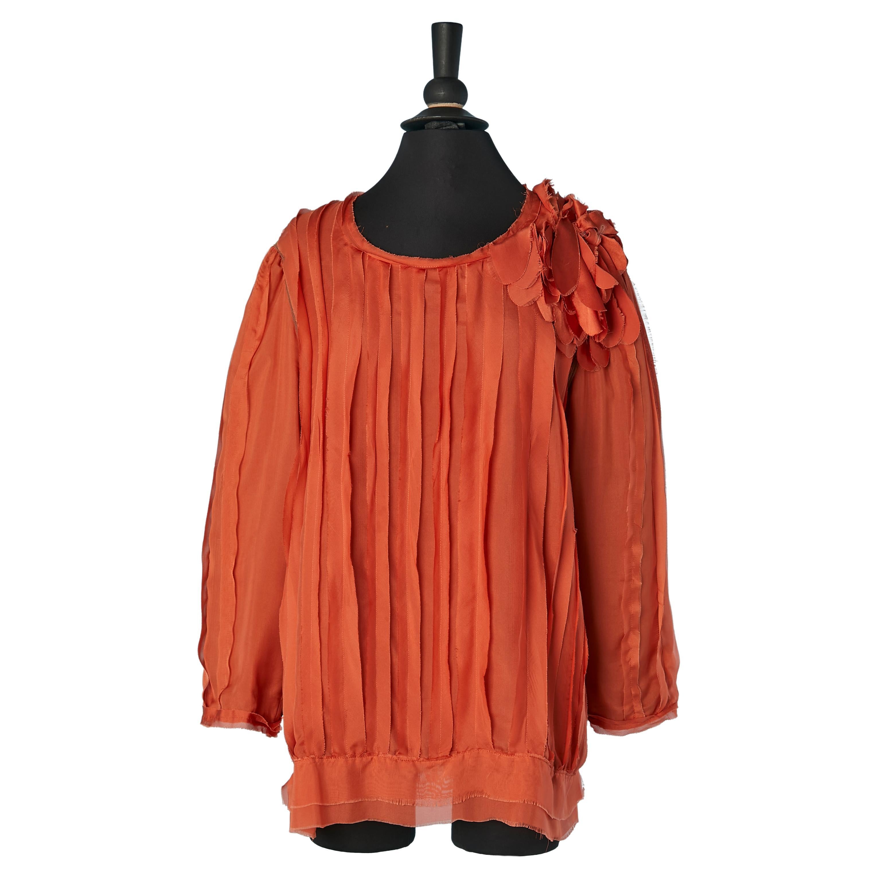 Blusa naranja de gasa de seda con apliques de cinta y flor Lanvin by Alber Elbaz