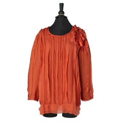 Orange silk chiffon ribbon appliqué blouse with flower Lanvin by Alber Elbaz 