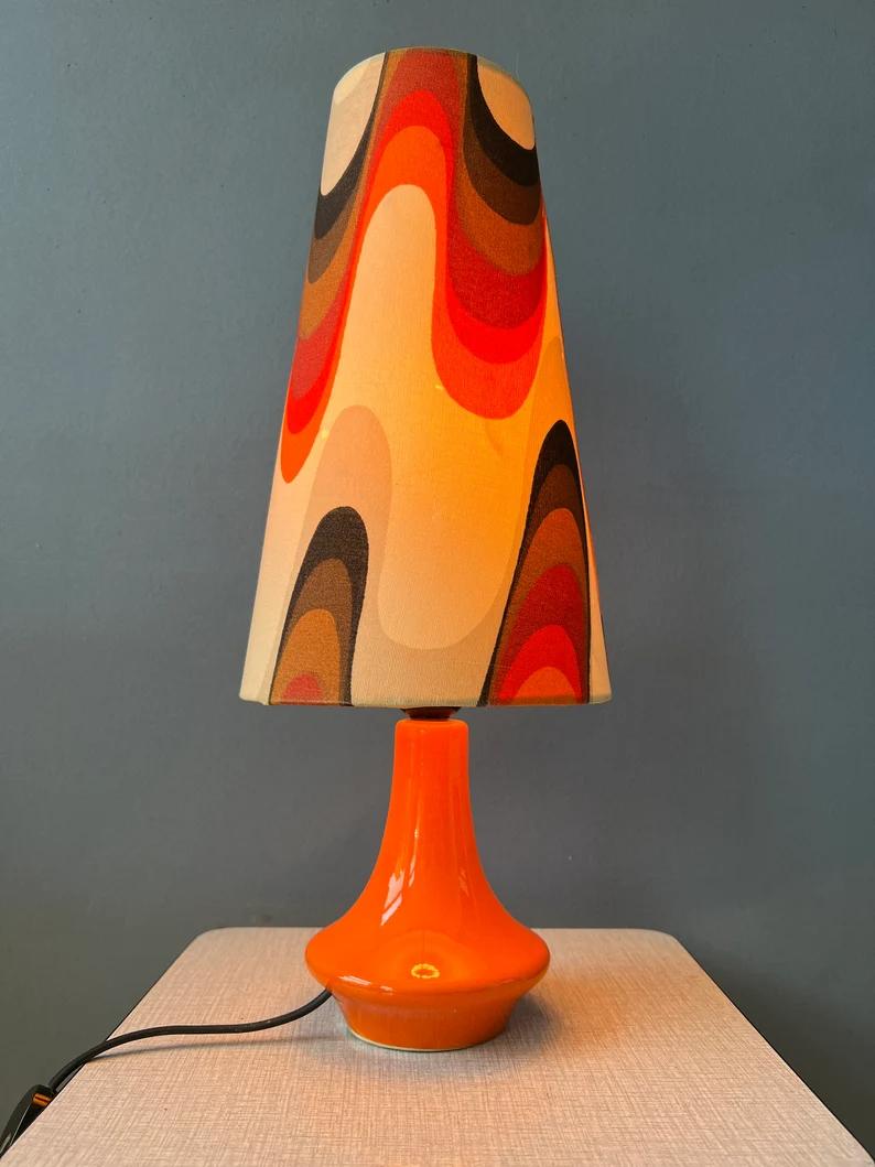 20th Century Orange Space Age Table Lamp Flower Pattern Ceramic Red Base Mid Century Lamp For Sale
