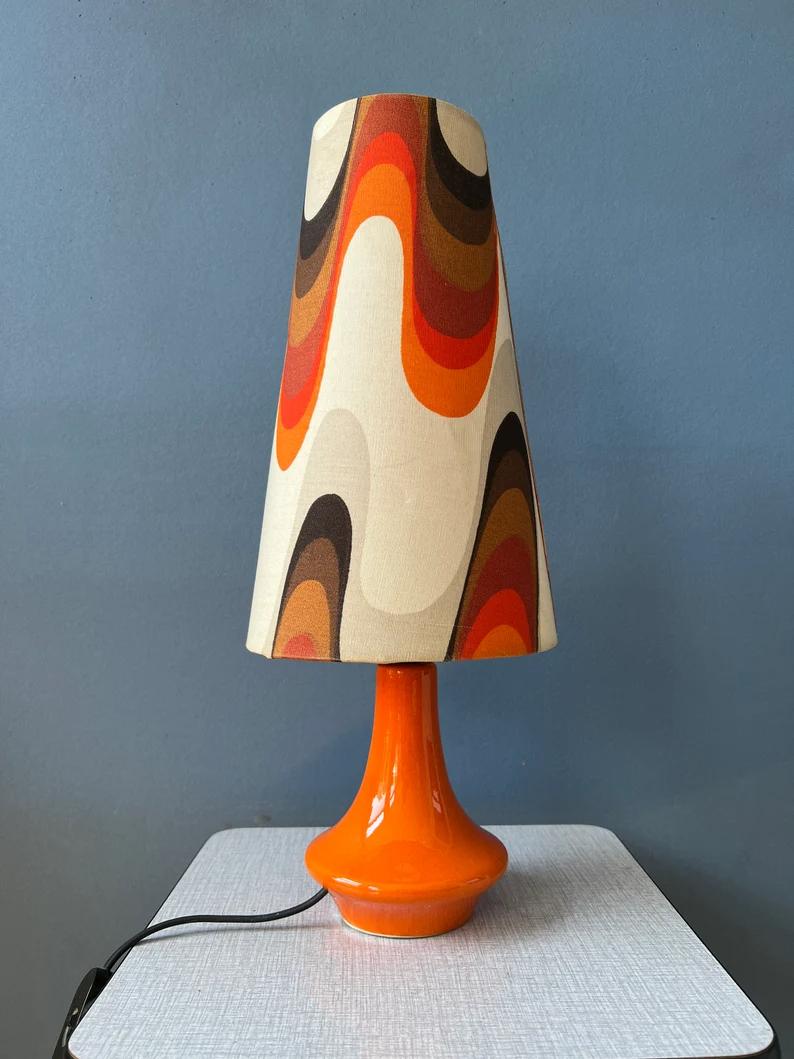 Orange Space Age Table Lamp Flower Pattern Ceramic Red Base Mid Century Lamp For Sale 1