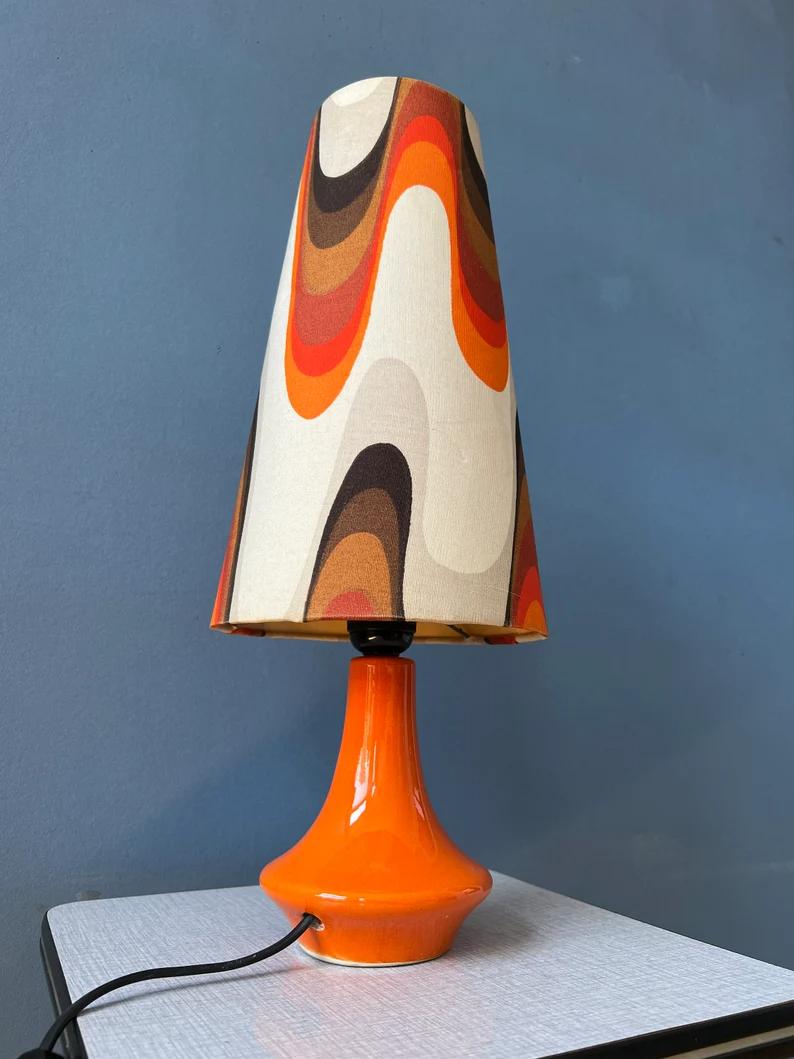 Orange Space Age Table Lamp Flower Pattern Ceramic Red Base Mid Century Lamp 2