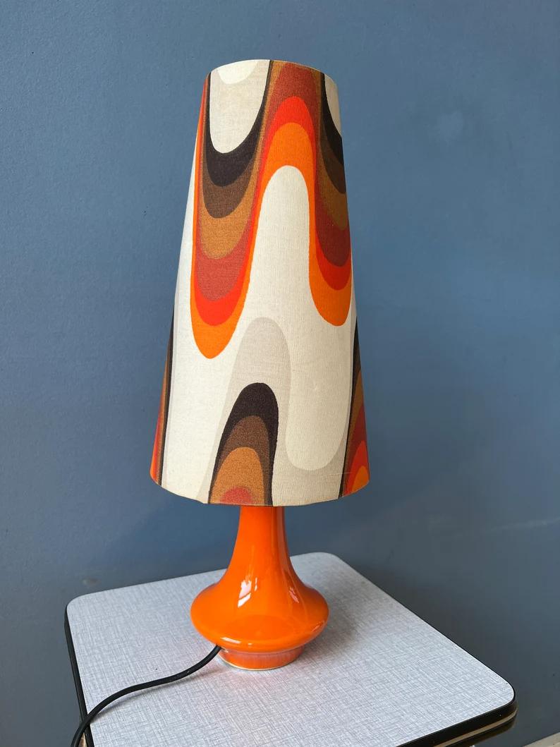 Orange Space Age Table Lamp Flower Pattern Ceramic Red Base Mid Century Lamp 3